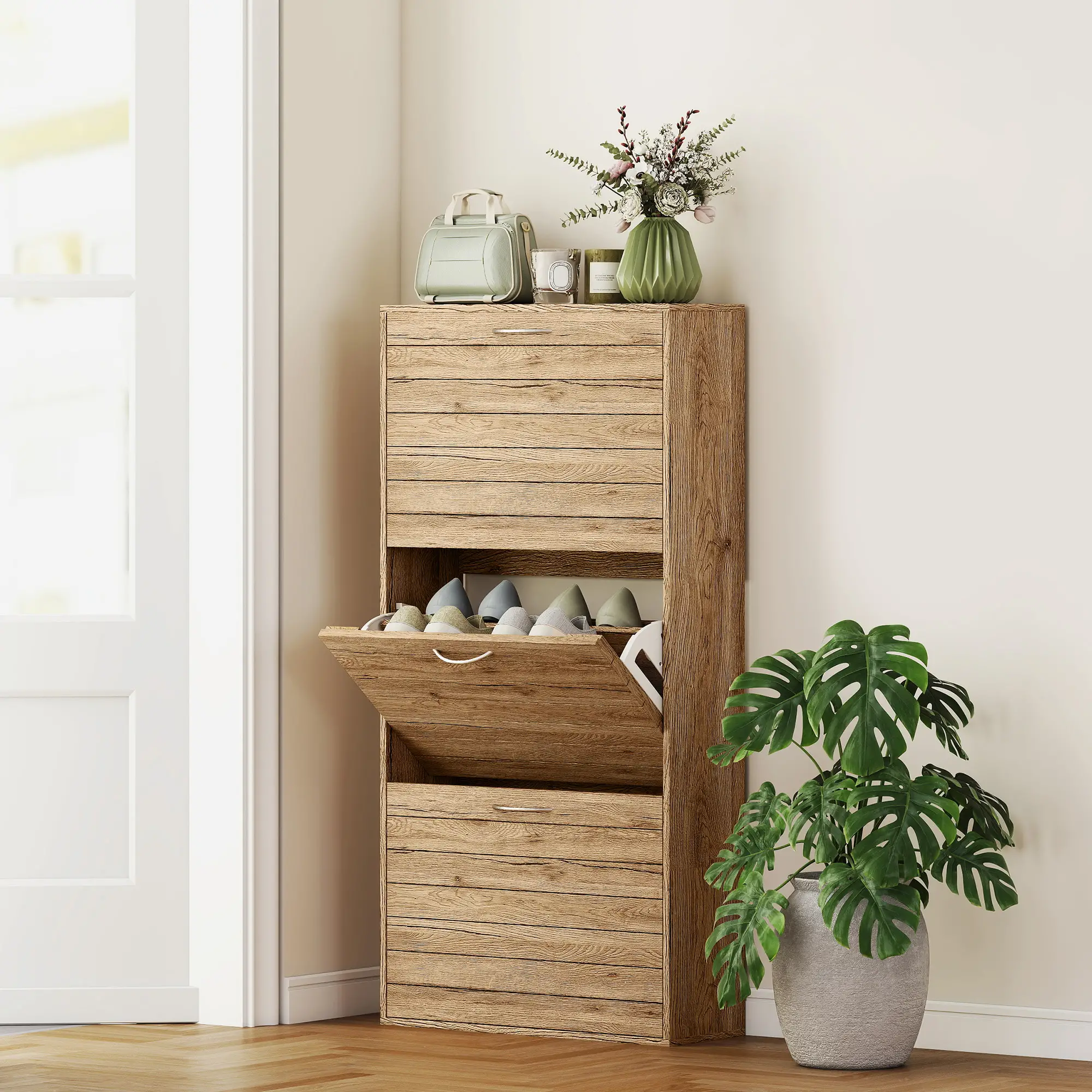 Shoe Storage Cabinet, 3 Flip Drawers, 12 Pair Organizer, Oak - Image 8
