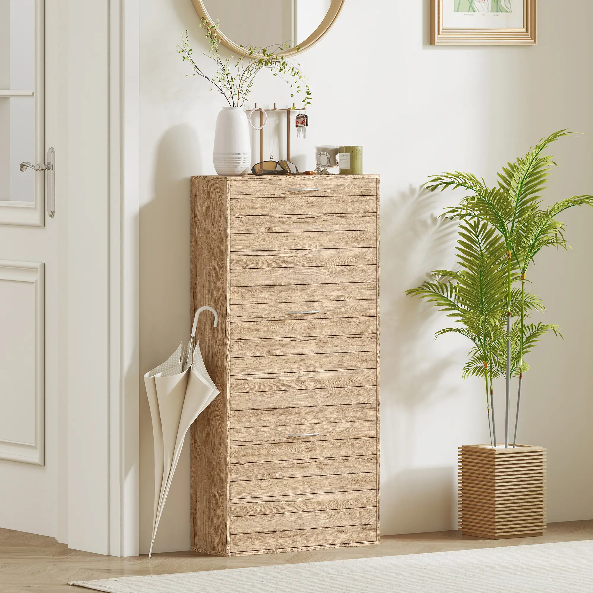Shoe Storage Cabinet, 3 Flip Drawers, 12 Pair Organizer, Oak - Image 9