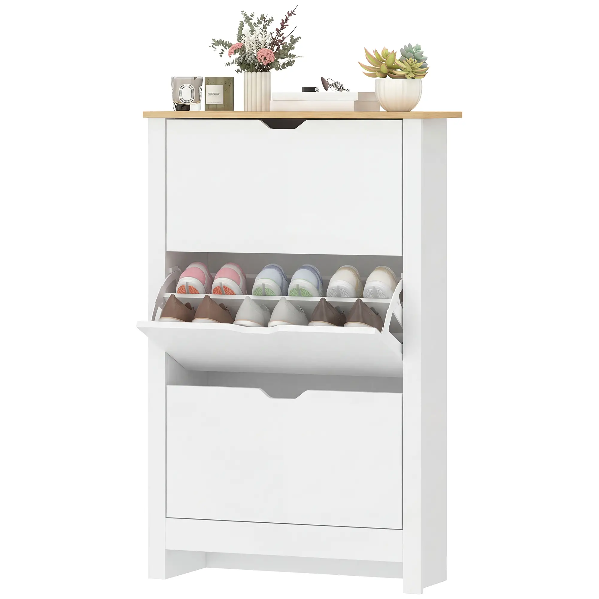 Shoe Storage Cabinet, 3 Flip Drawers, Adjustable Shelves, 9-18 Pairs, White