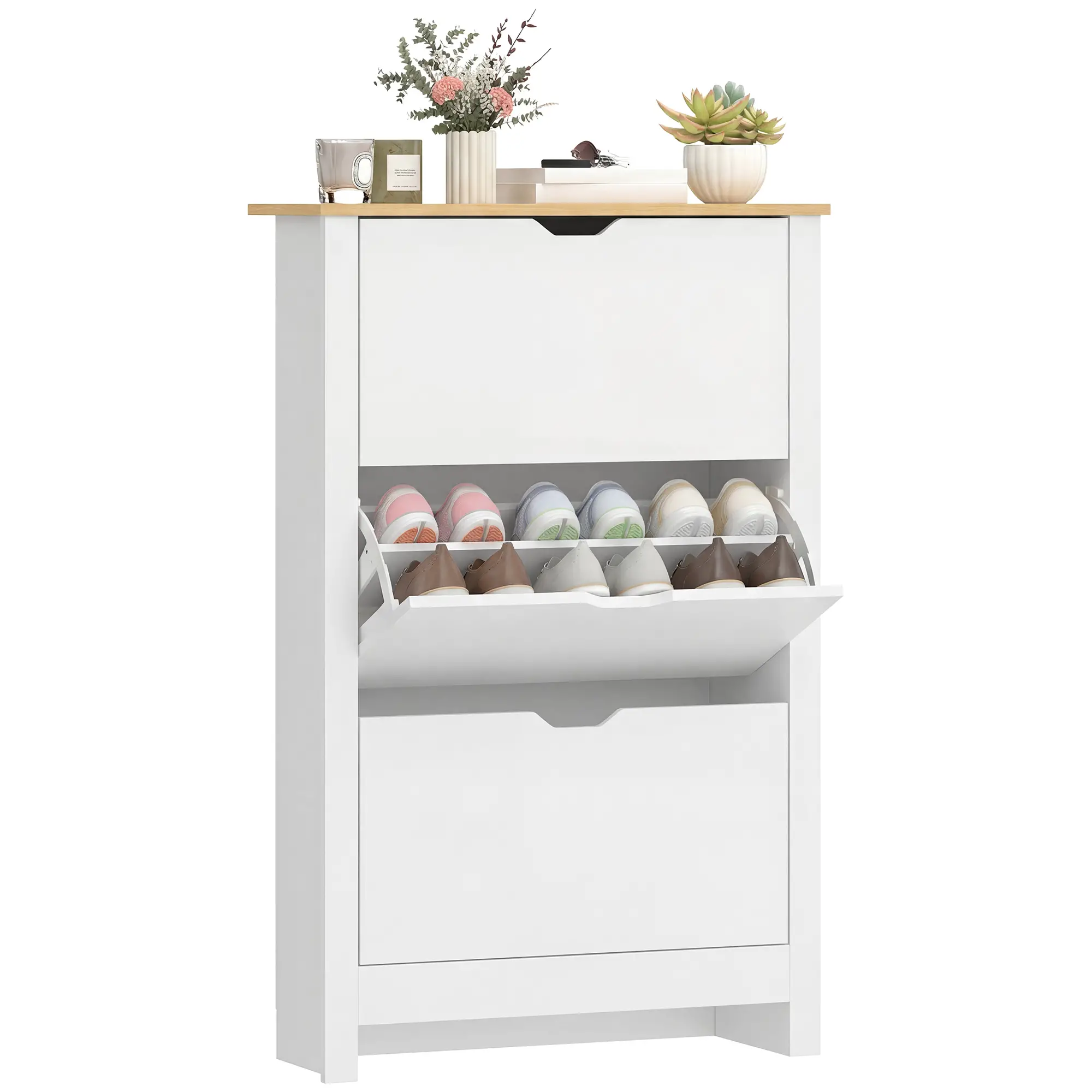 Shoe Storage Cabinet, 3 Flip Drawers, Adjustable Shelves, 9-18 Pairs, White - Image 11