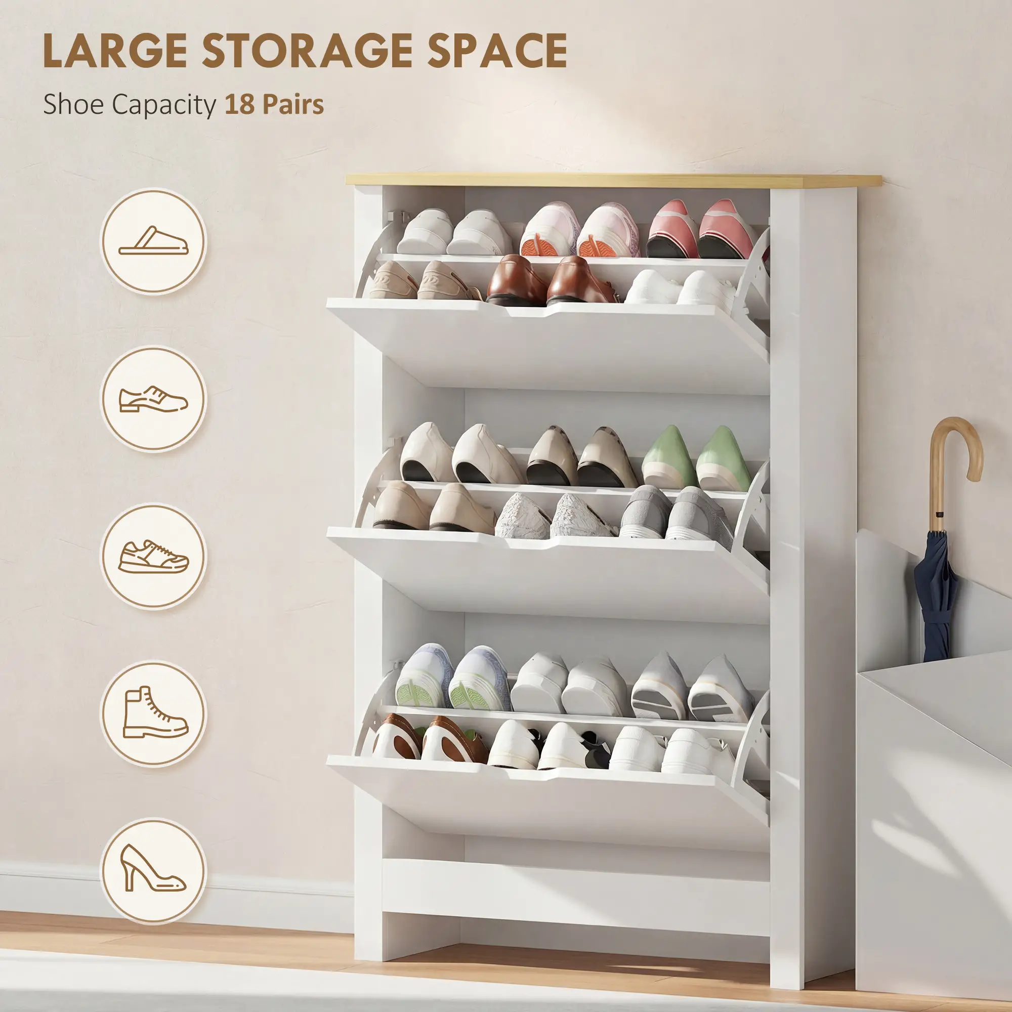 Shoe Storage Cabinet, 3 Flip Drawers, Adjustable Shelves, 9-18 Pairs, White - Image 4