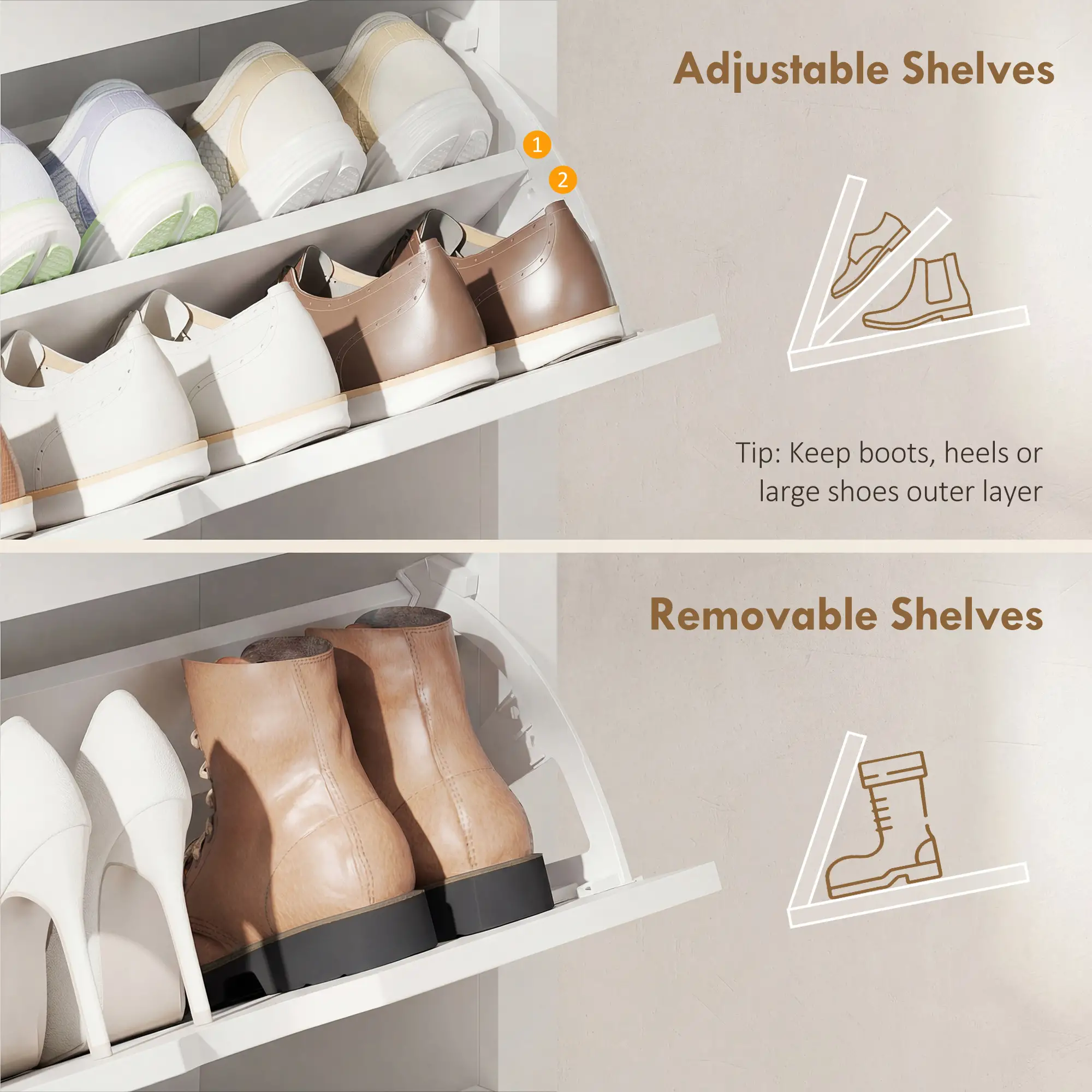 Shoe Storage Cabinet, 3 Flip Drawers, Adjustable Shelves, 9-18 Pairs, White - Image 5