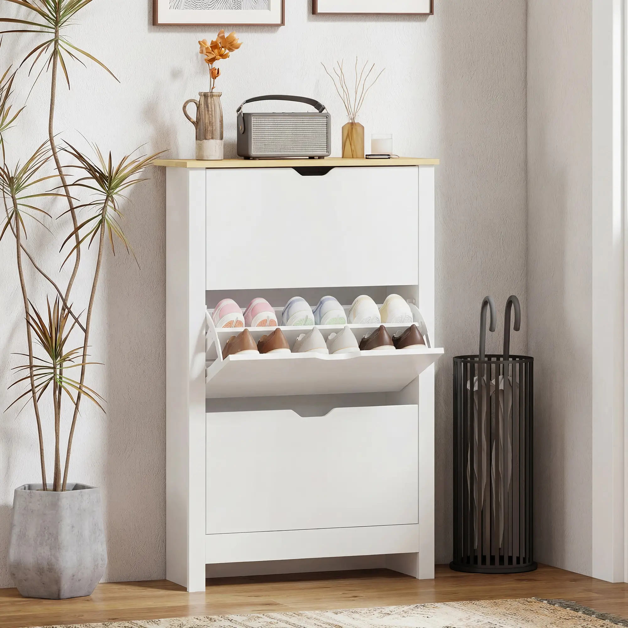 Shoe Storage Cabinet, 3 Flip Drawers, Adjustable Shelves, 9-18 Pairs, White - Image 7