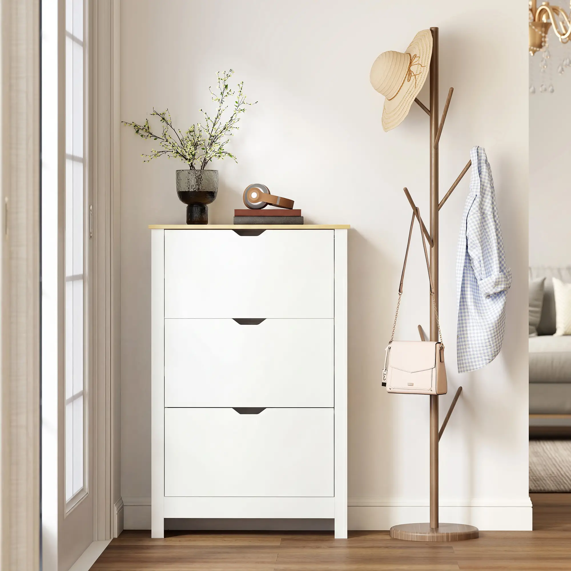 Shoe Storage Cabinet, 3 Flip Drawers, Adjustable Shelves, 9-18 Pairs, White - Image 9