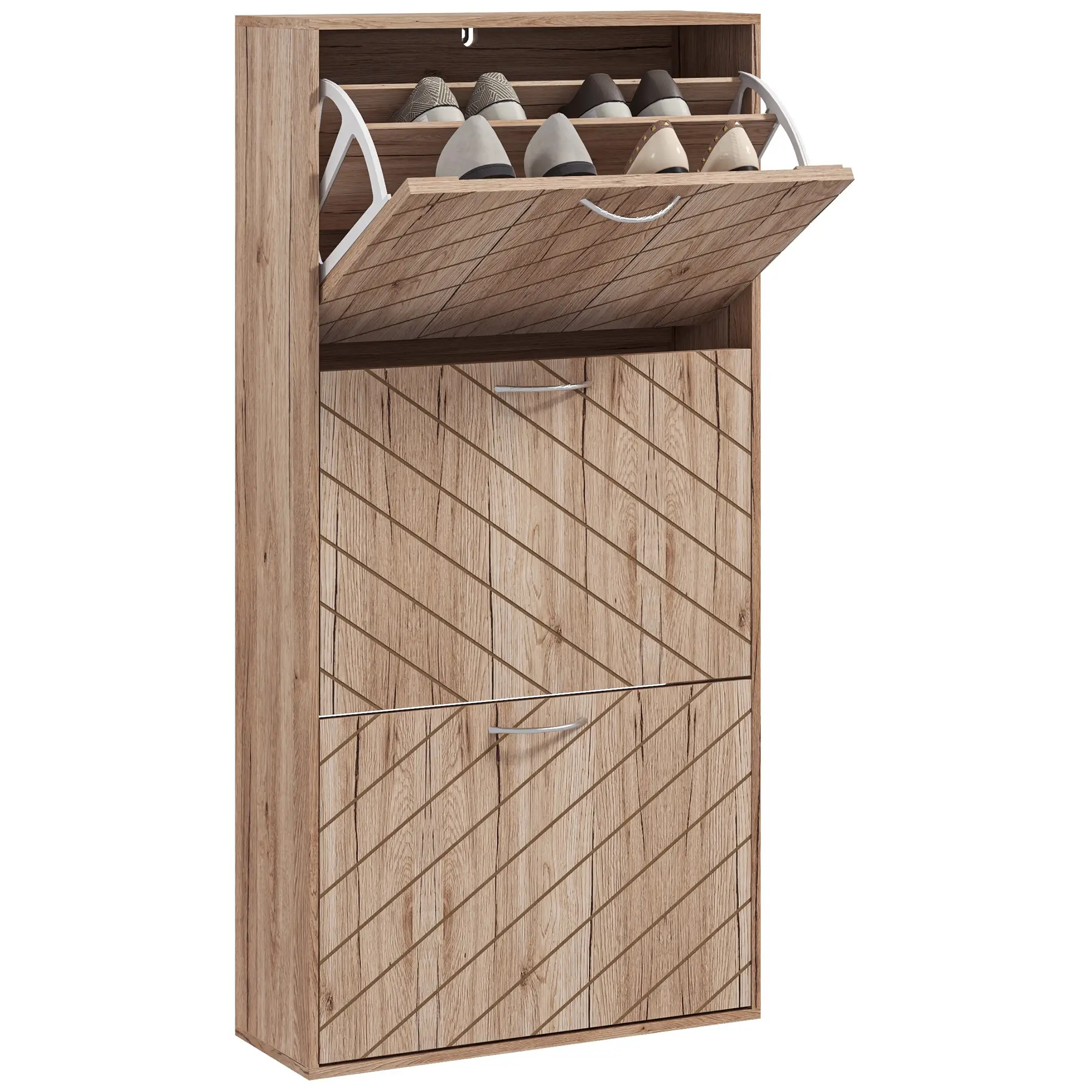 Shoe Storage Cabinet, 3 Flip Drawers, Narrow, 12 Pair Organizer, Nature Wood