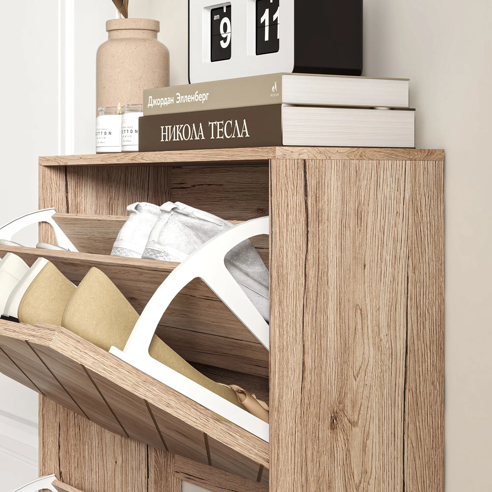Shoe Storage Cabinet, 3 Flip Drawers, Narrow, 12 Pair Organizer, Nature Wood - Image 11