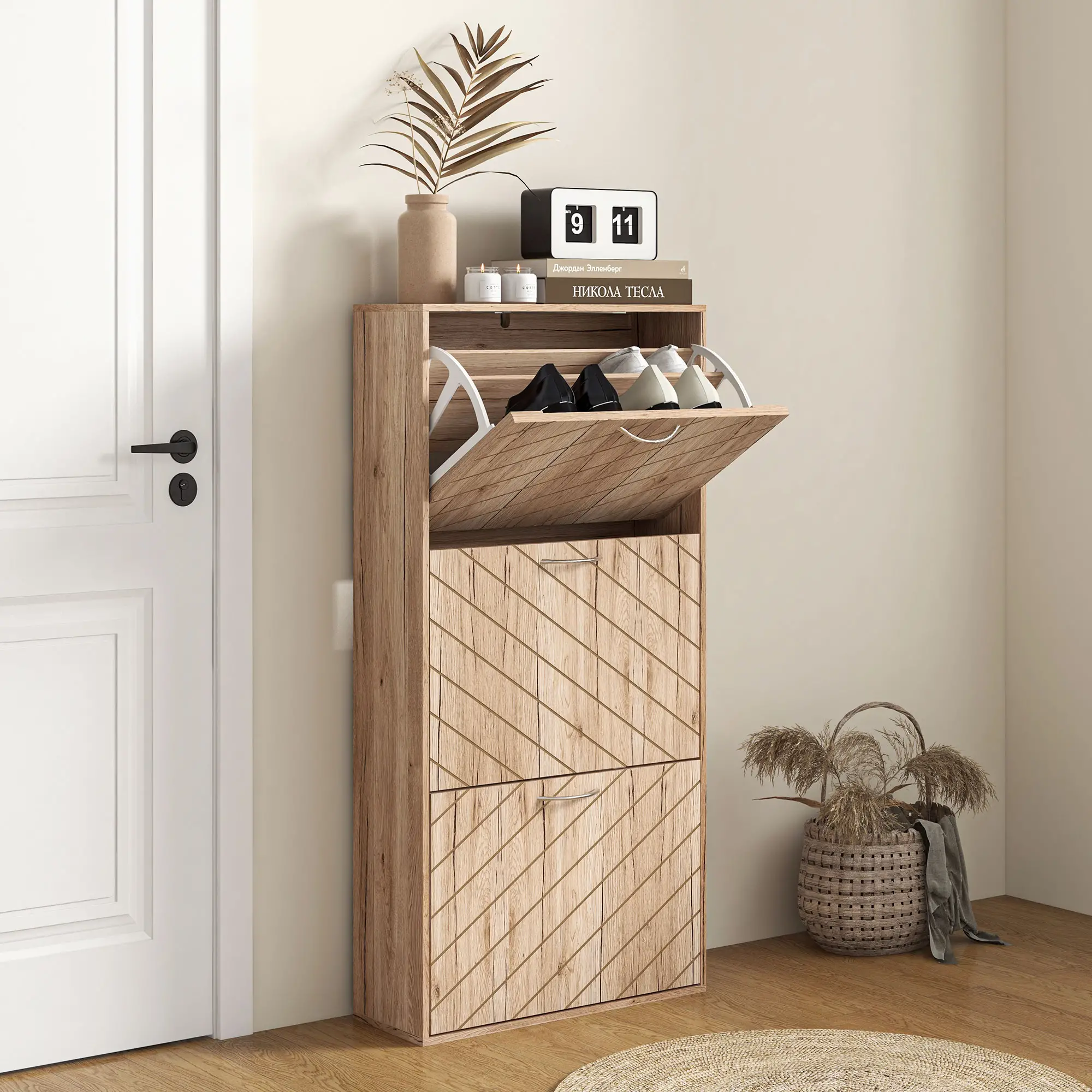 Shoe Storage Cabinet, 3 Flip Drawers, Narrow, 12 Pair Organizer, Nature Wood - Image 2