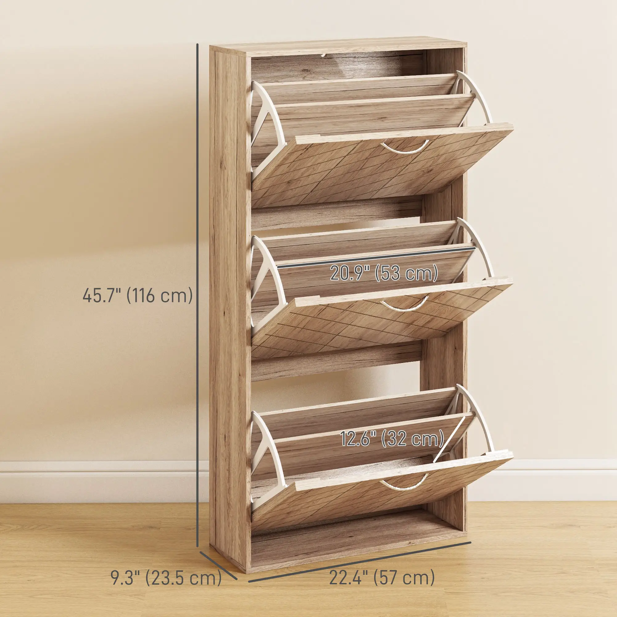 Shoe Storage Cabinet, 3 Flip Drawers, Narrow, 12 Pair Organizer, Nature Wood - Image 3