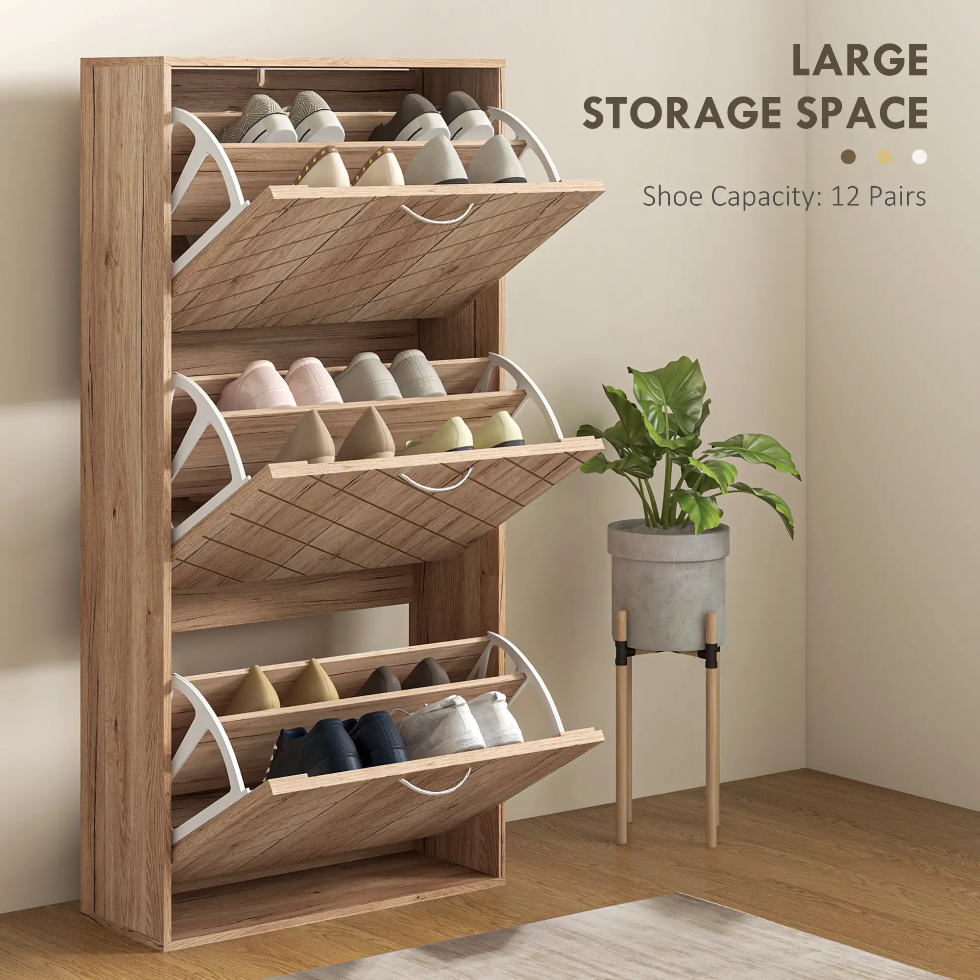 Shoe Storage Cabinet, 3 Flip Drawers, Narrow, 12 Pair Organizer, Nature Wood - Image 4