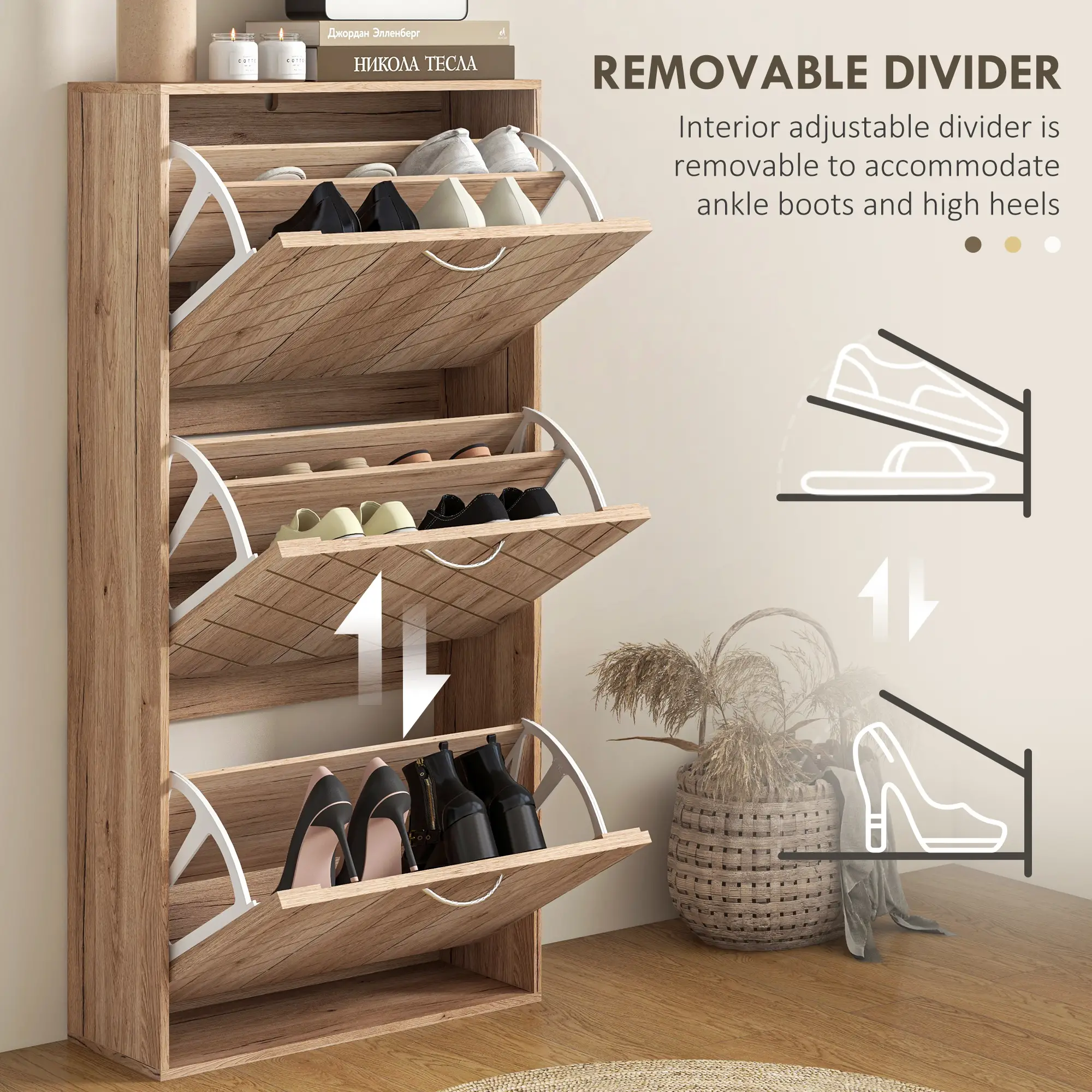 Shoe Storage Cabinet, 3 Flip Drawers, Narrow, 12 Pair Organizer, Nature Wood - Image 6