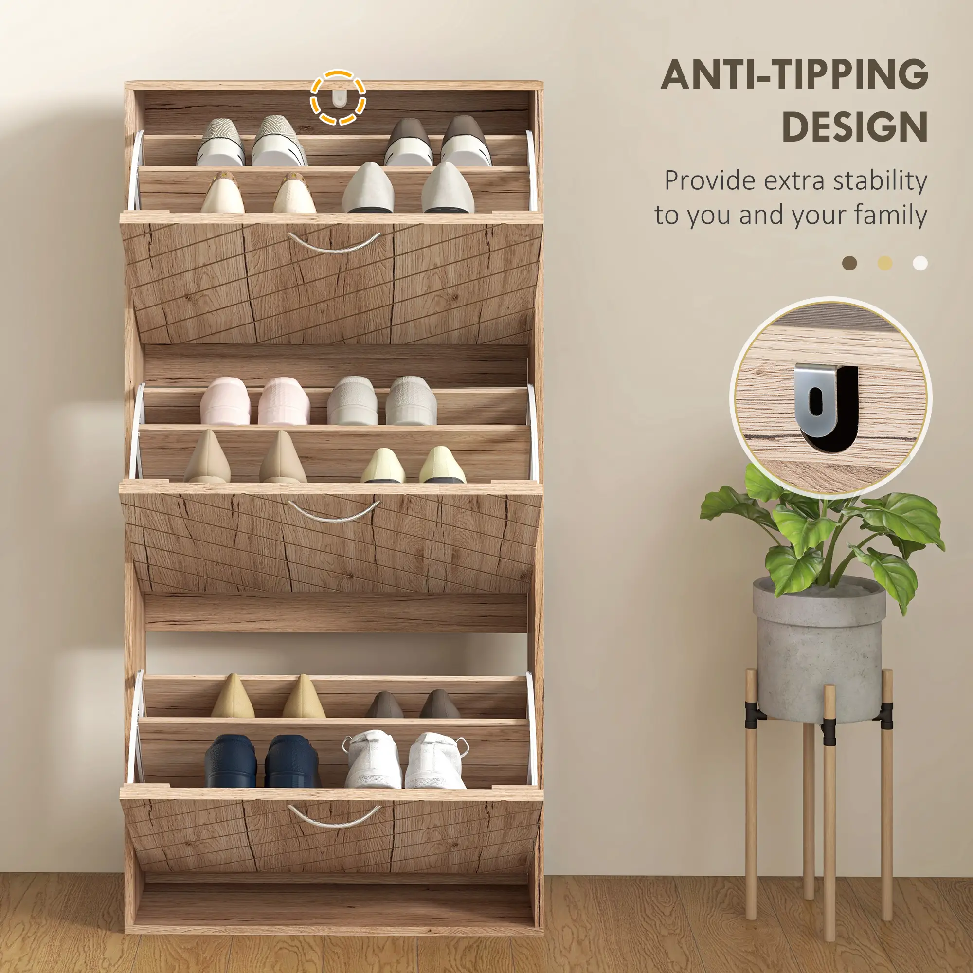Shoe Storage Cabinet, 3 Flip Drawers, Narrow, 12 Pair Organizer, Nature Wood - Image 7
