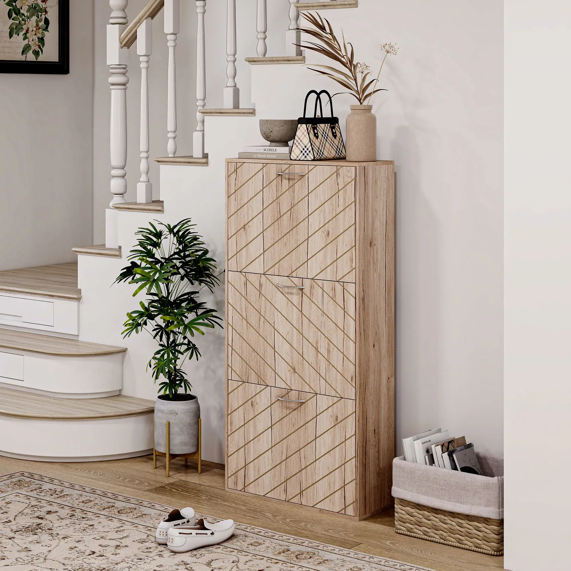 Shoe Storage Cabinet, 3 Flip Drawers, Narrow, 12 Pair Organizer, Nature Wood - Image 9