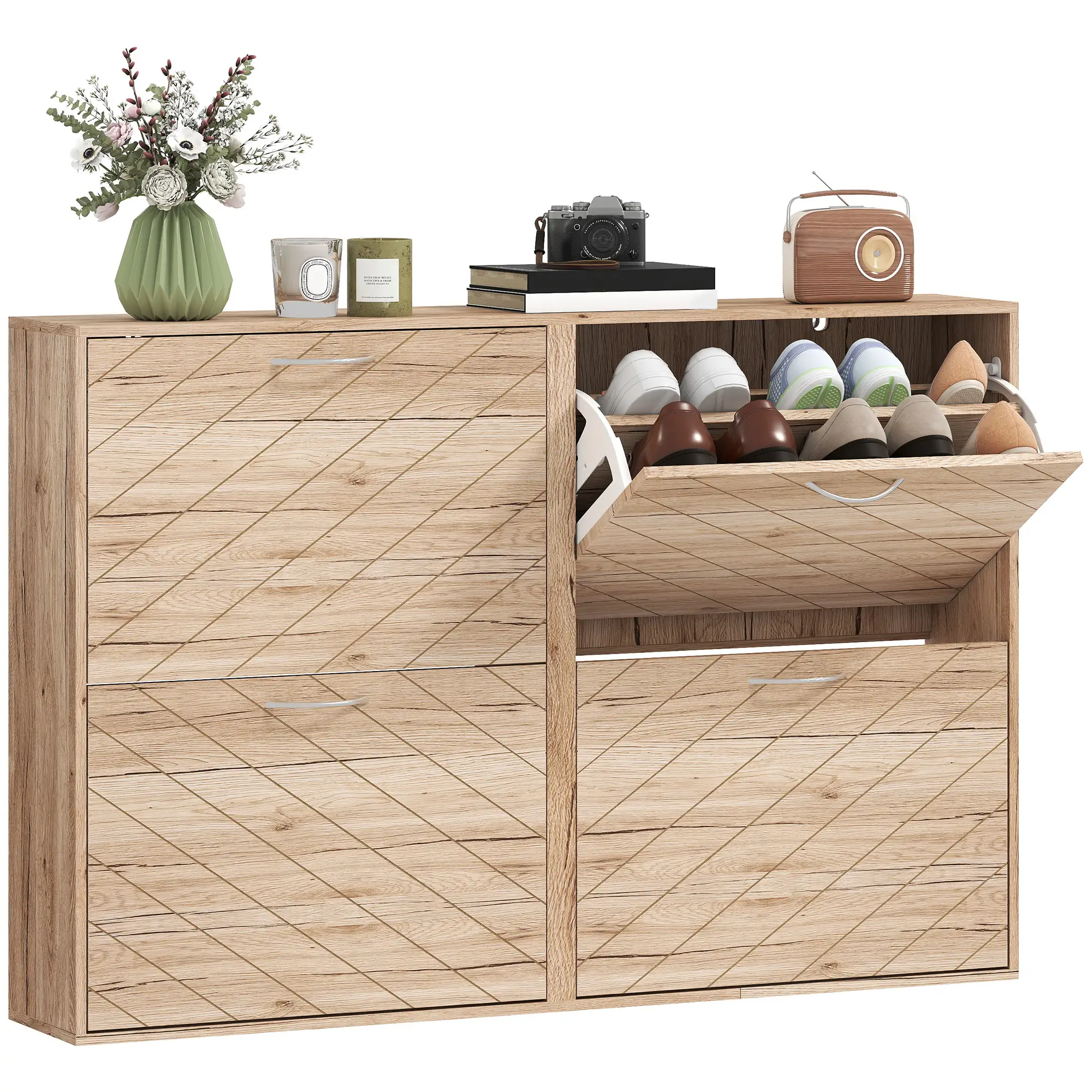 Shoe Storage Cabinet, 3 Flip Drawers, Narrow Slim, 12 Pair Organizer, Oak - Image 11