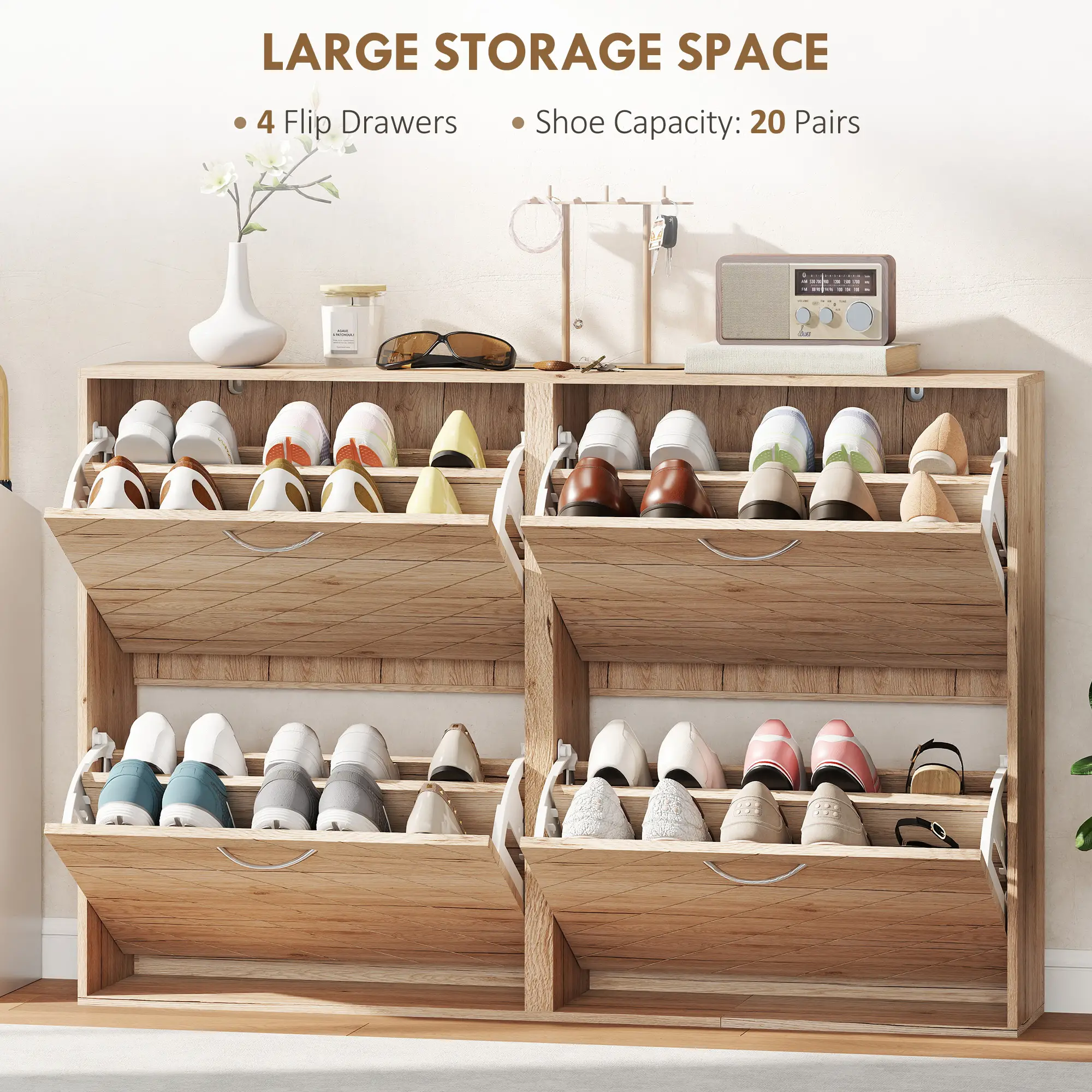 Shoe Storage Cabinet, 3 Flip Drawers, Narrow Slim, 12 Pair Organizer, Oak - Image 4