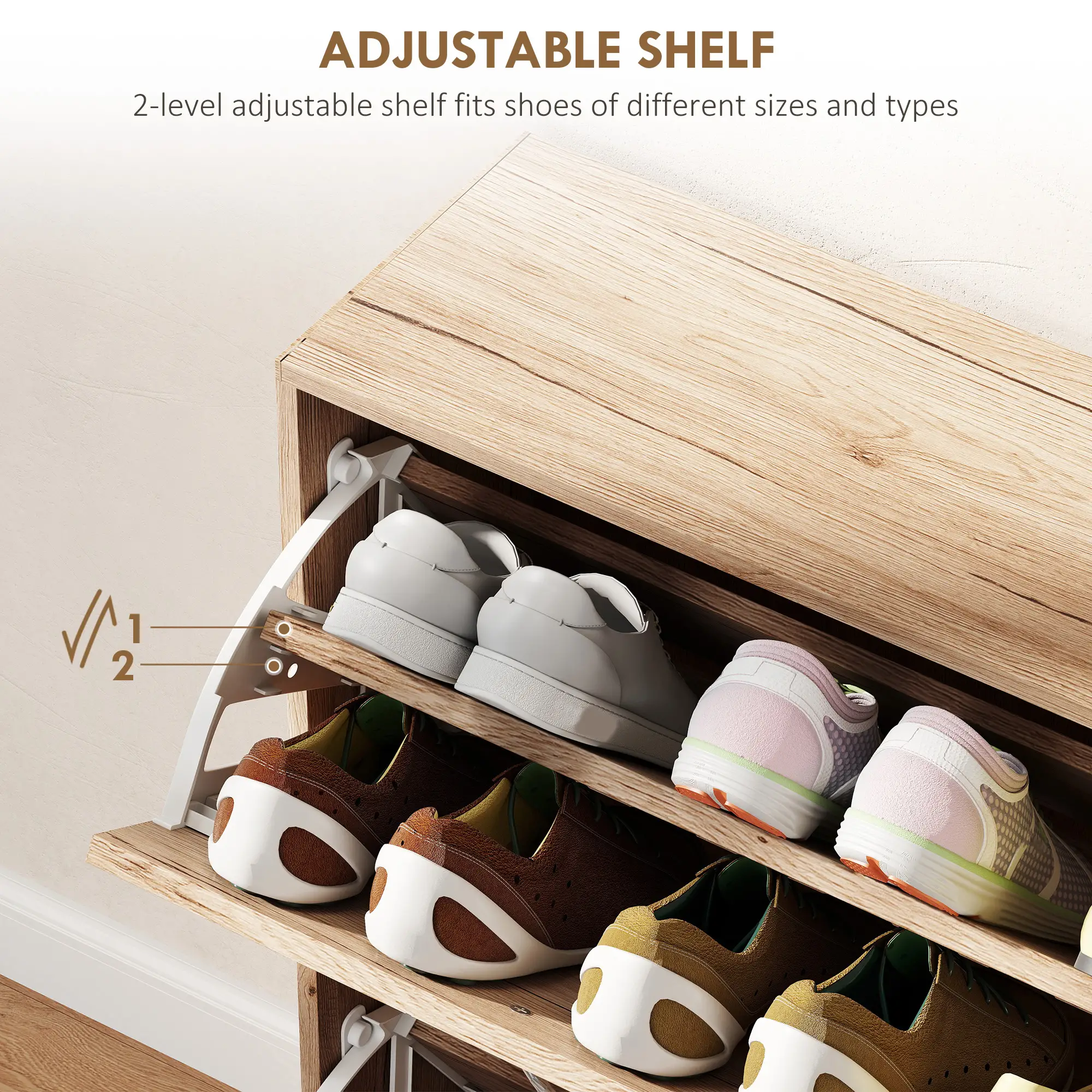 Shoe Storage Cabinet, 3 Flip Drawers, Narrow Slim, 12 Pair Organizer, Oak - Image 5