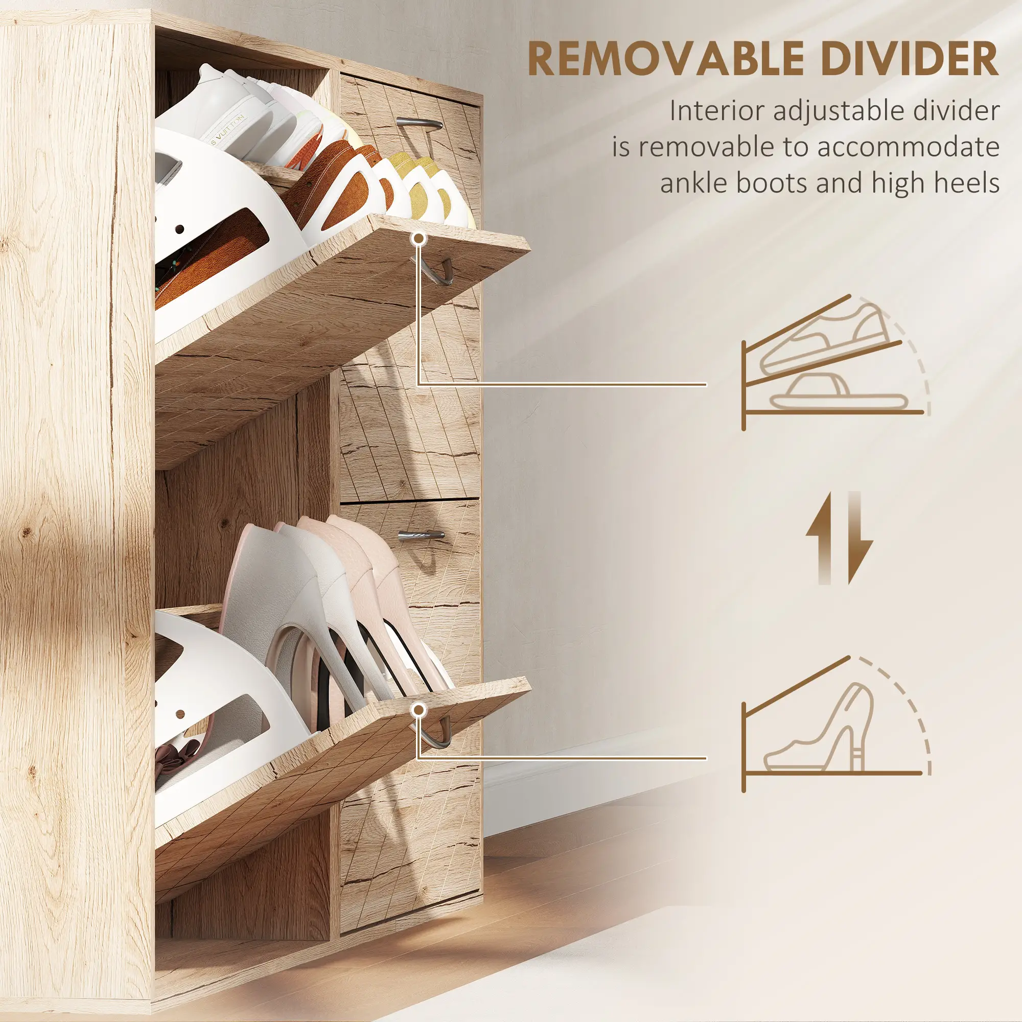 Shoe Storage Cabinet, 3 Flip Drawers, Narrow Slim, 12 Pair Organizer, Oak - Image 6