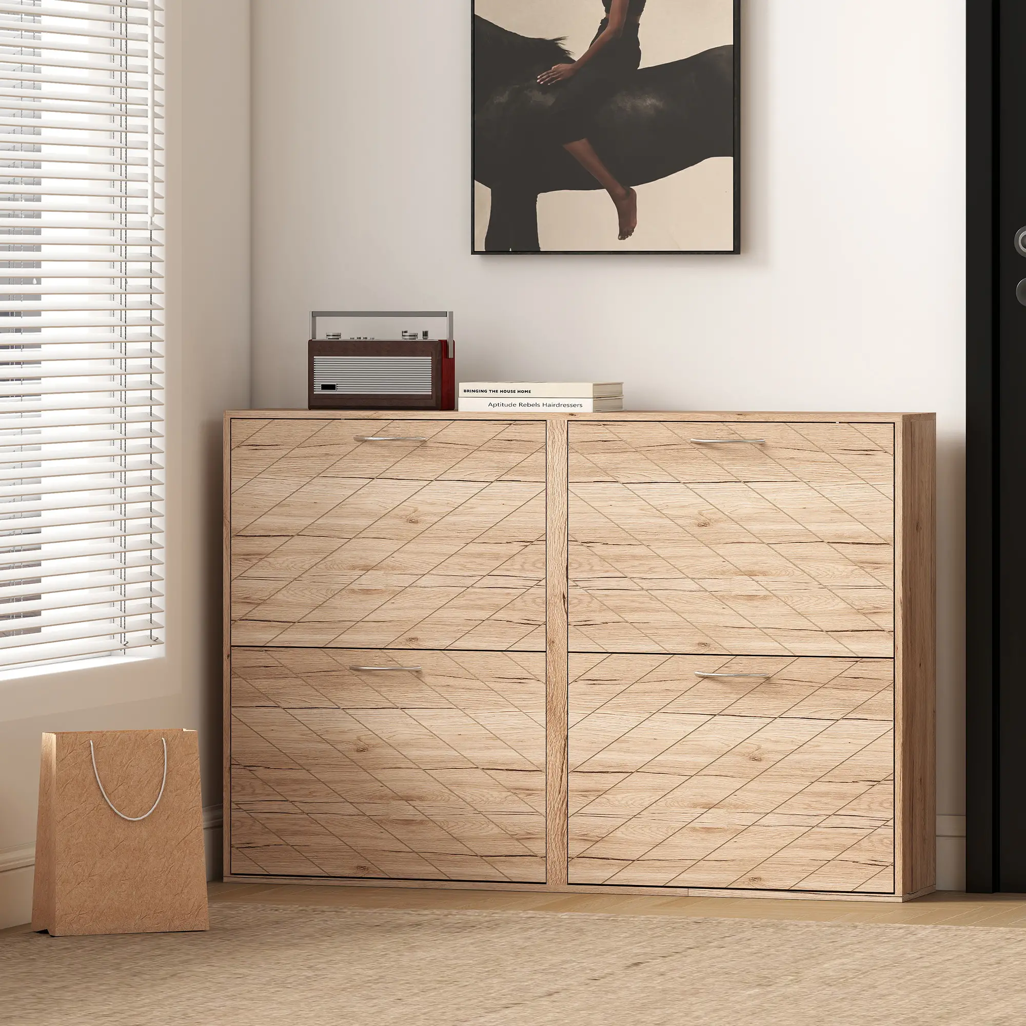 Shoe Storage Cabinet, 3 Flip Drawers, Narrow Slim, 12 Pair Organizer, Oak - Image 9