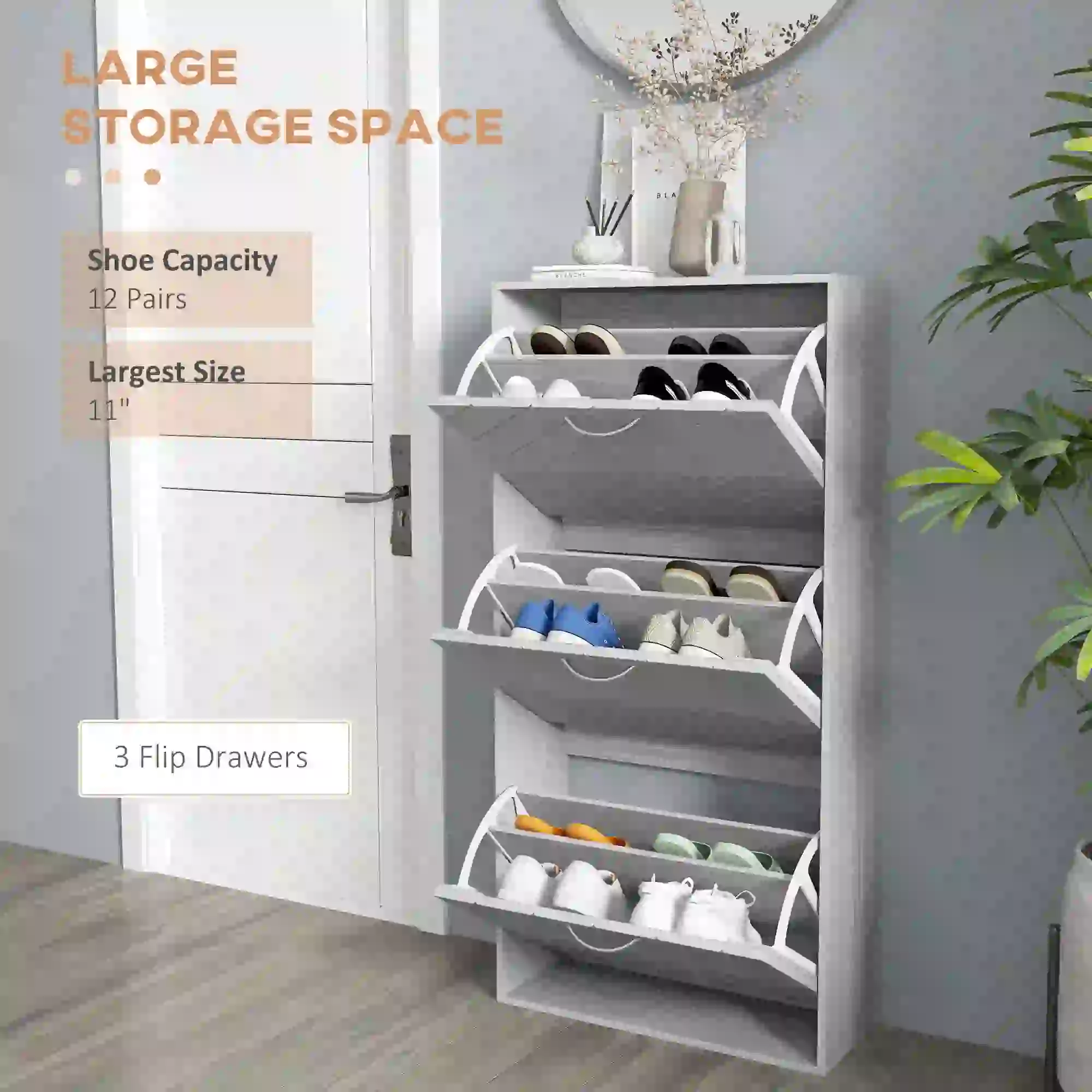 Shoe Storage Cabinet, 3 Flip Drawers, Slim 12 Pair Organizer - Image 4