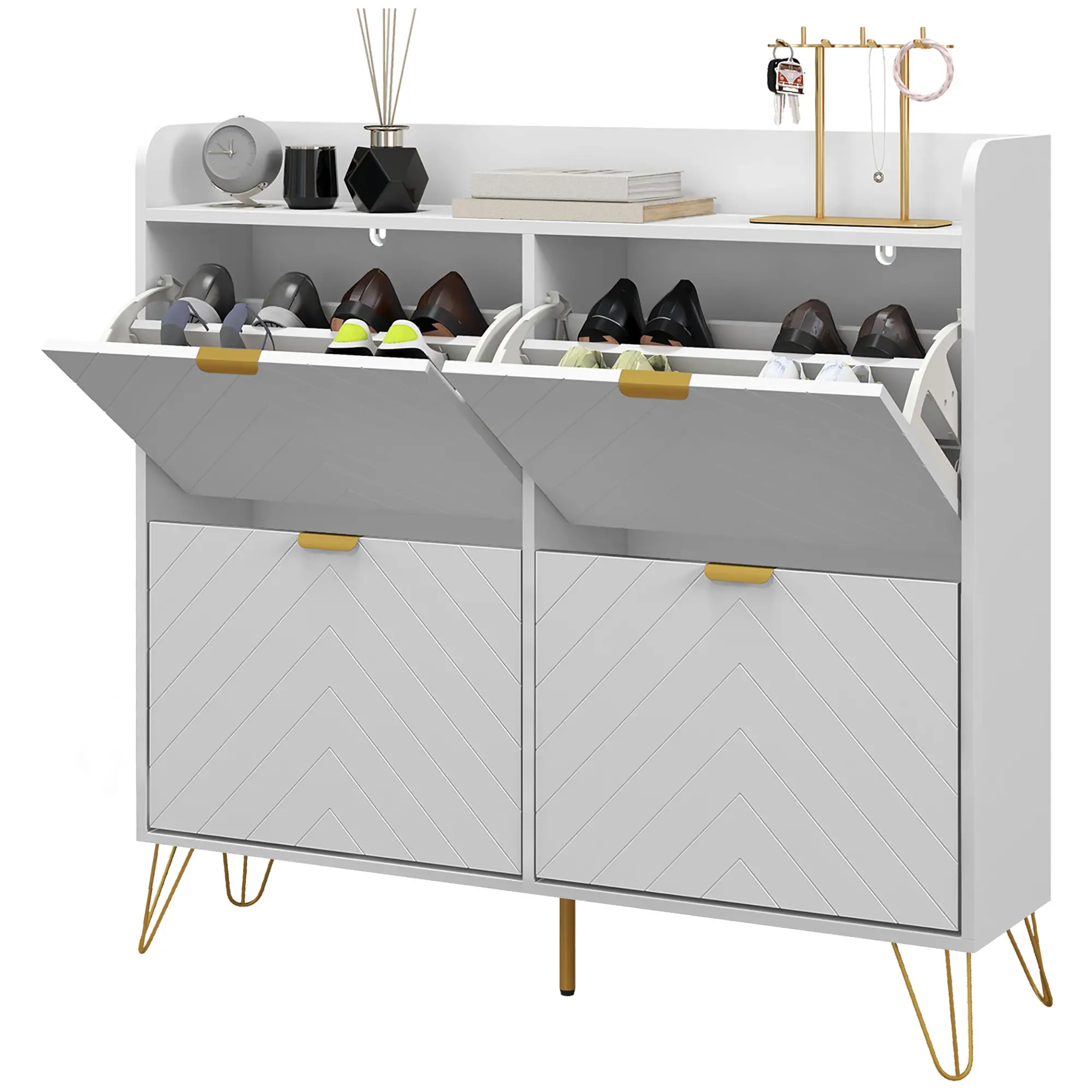 Shoe Storage Cabinet, 4 Flip Drawers, Adjustable Shelf, Holds 16 Pairs, White