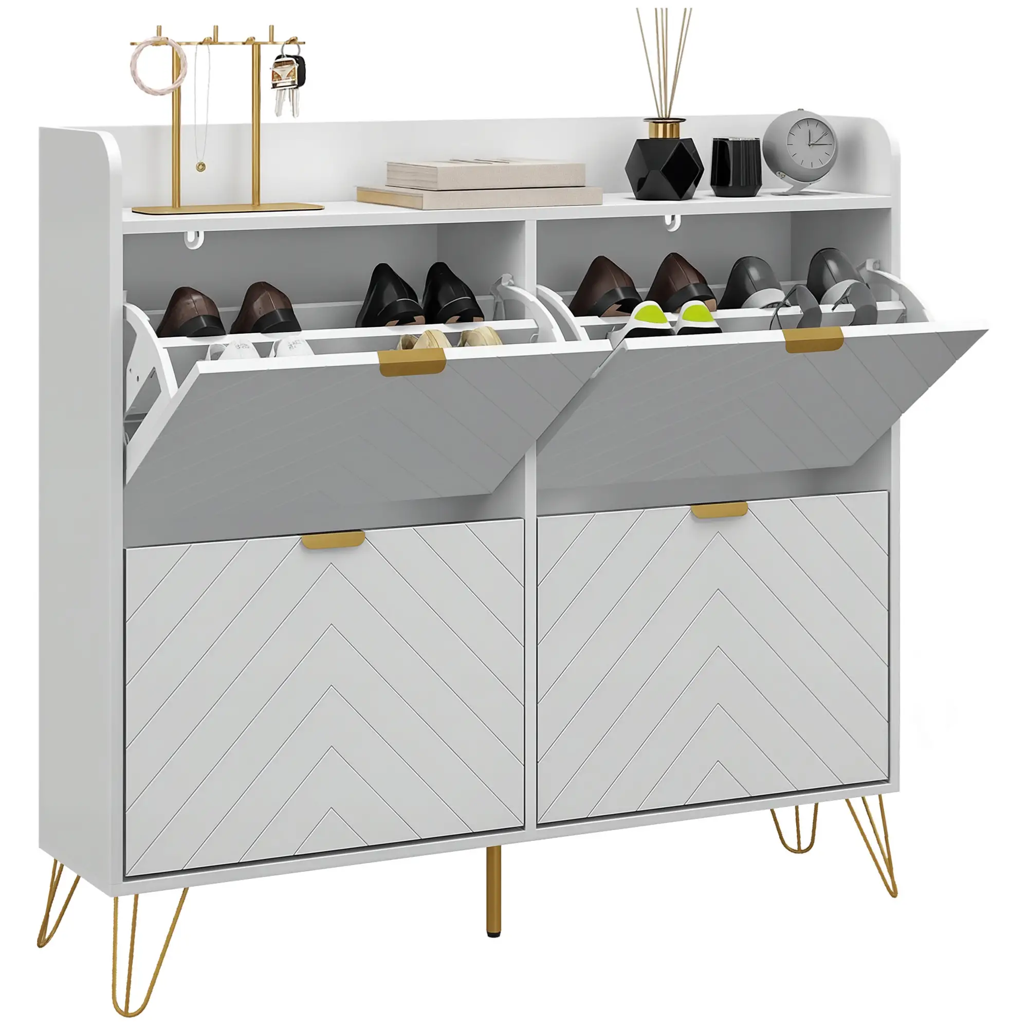 Shoe Storage Cabinet, 4 Flip Drawers, Adjustable Shelf, Holds 16 Pairs, White - Image 11
