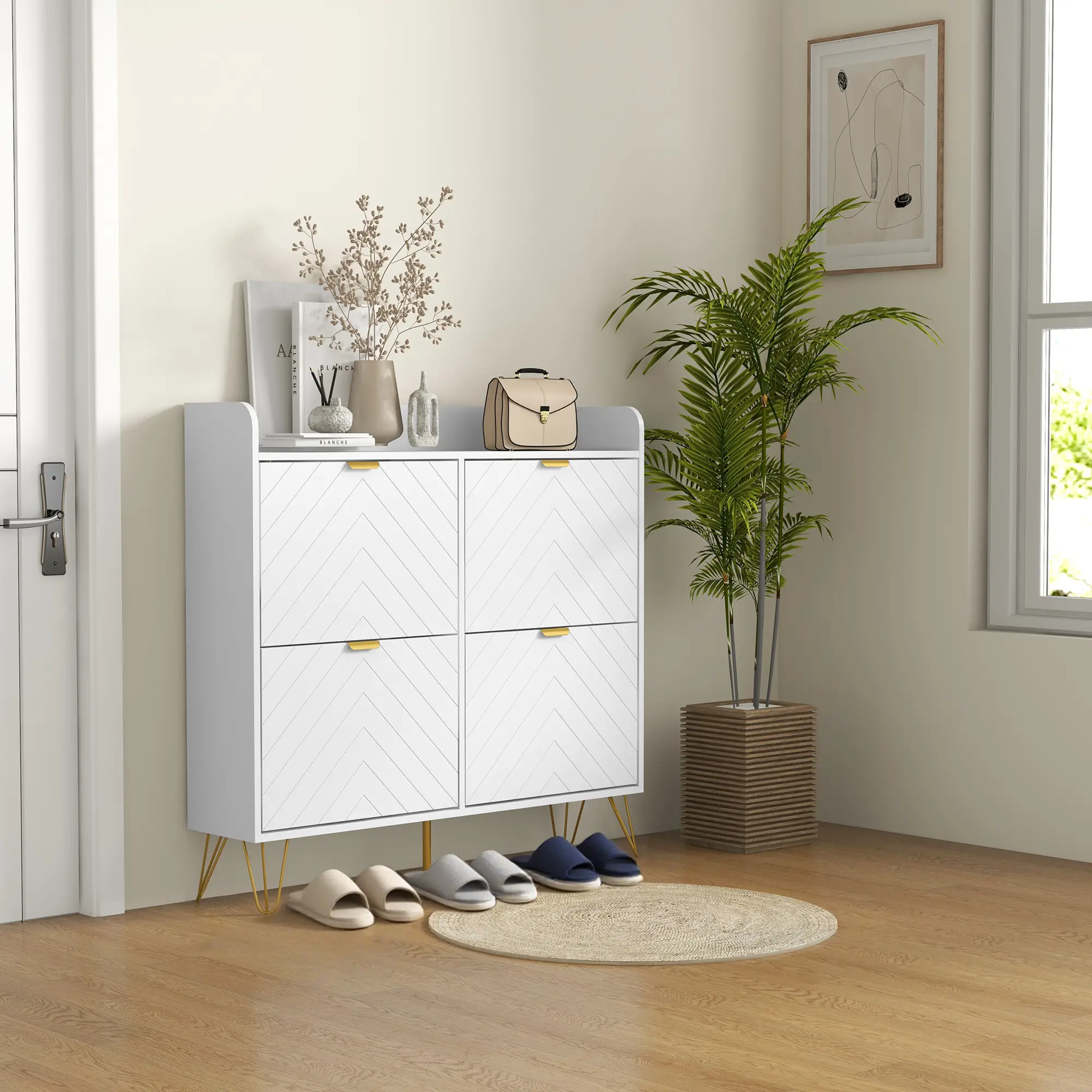 Shoe Storage Cabinet, 4 Flip Drawers, Adjustable Shelf, Holds 16 Pairs, White - Image 2