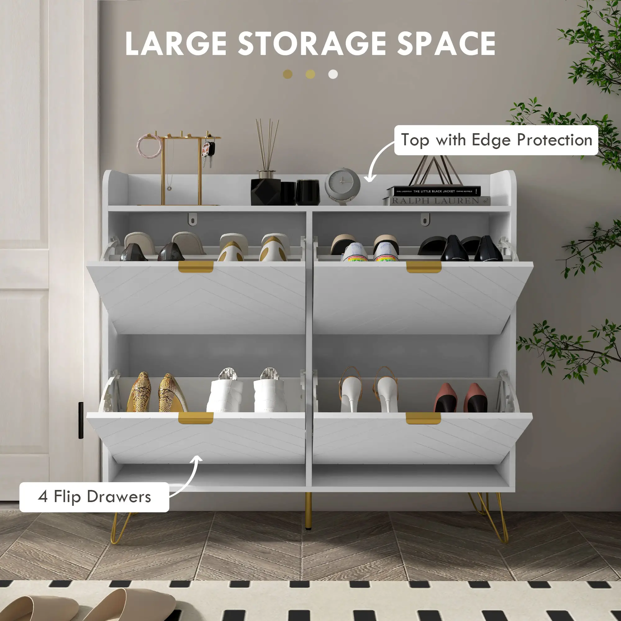 Shoe Storage Cabinet, 4 Flip Drawers, Adjustable Shelf, Holds 16 Pairs, White - Image 4