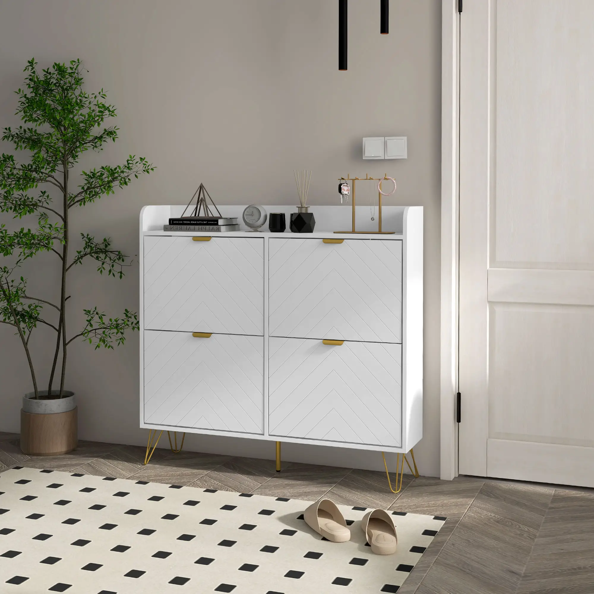 Shoe Storage Cabinet, 4 Flip Drawers, Adjustable Shelf, Holds 16 Pairs, White - Image 8