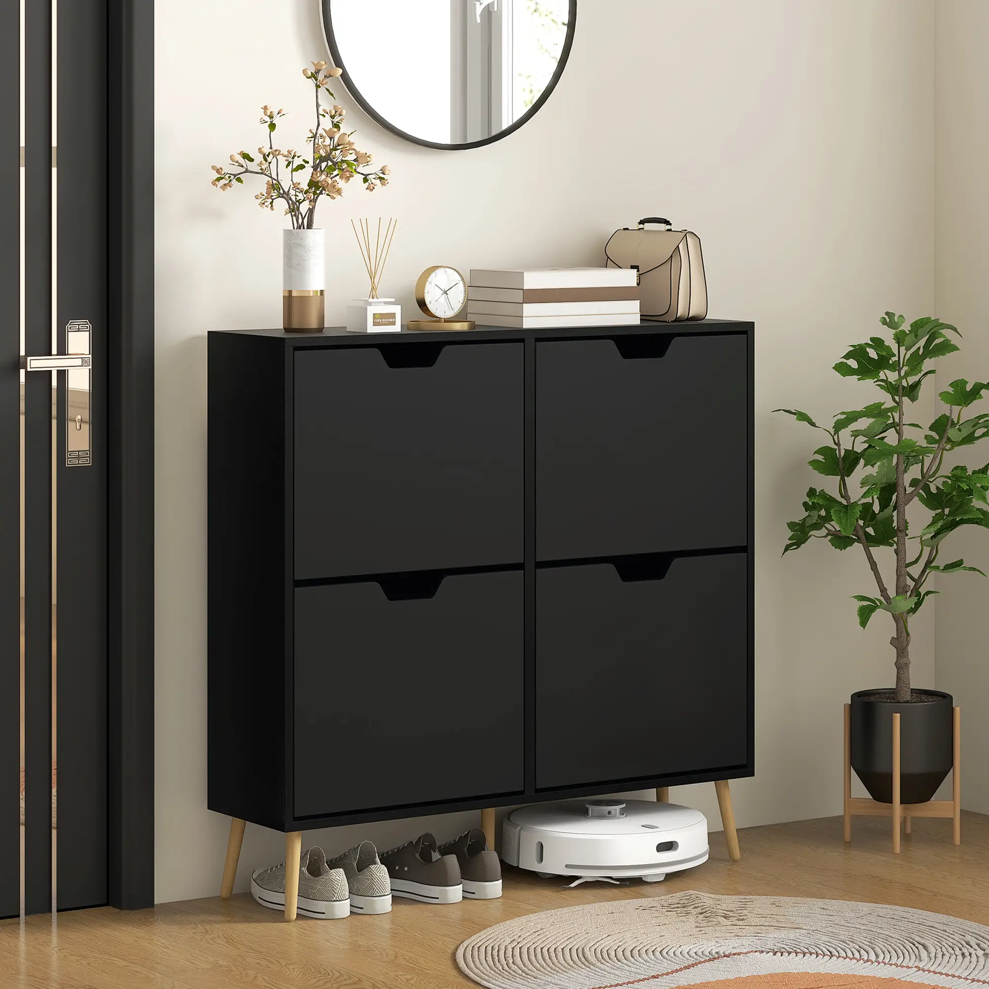 Shoe Storage Cabinet, 4 Flip Drawers, Adjustable Shelf, Holds 8-16 Pairs, Black - Image 2
