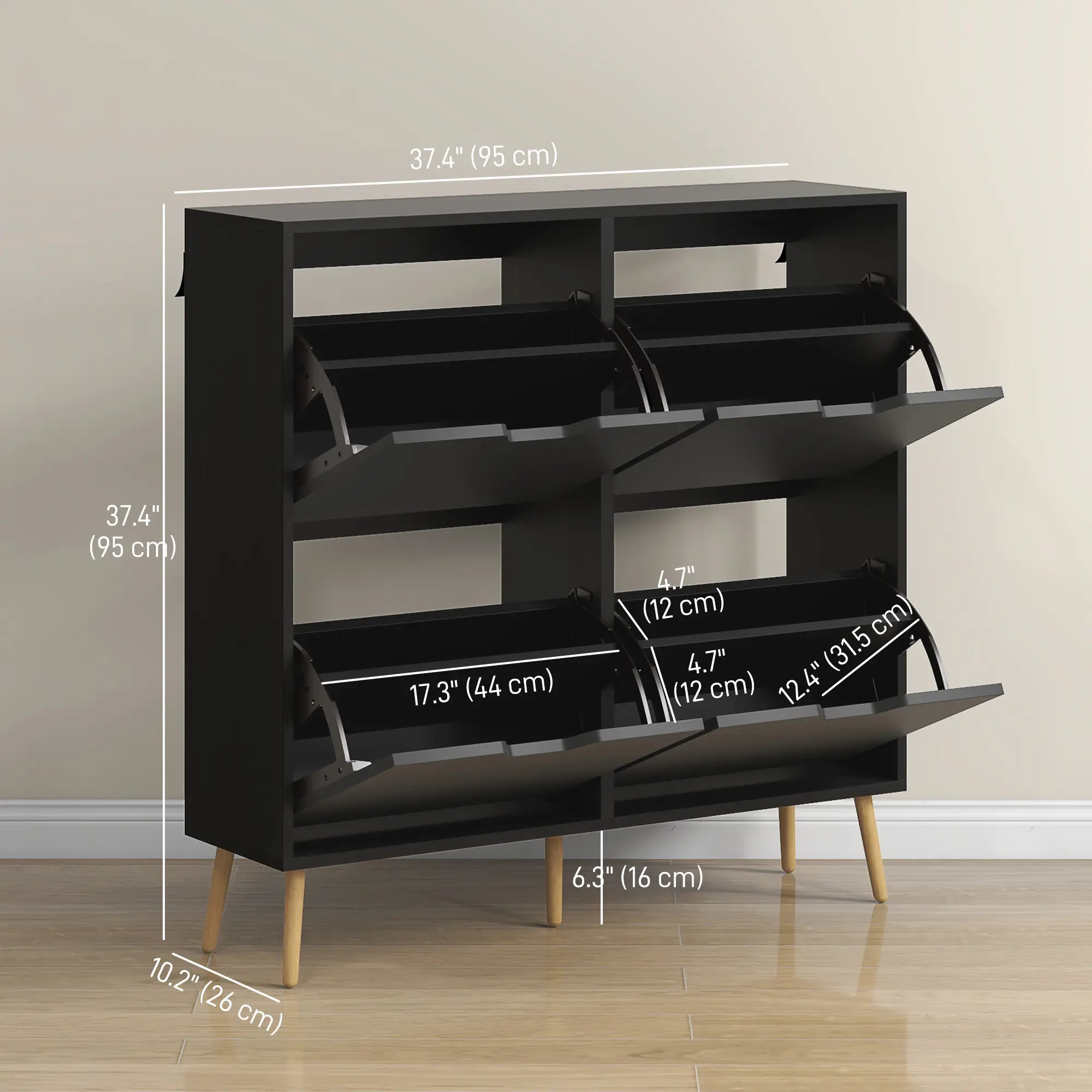 Shoe Storage Cabinet, 4 Flip Drawers, Adjustable Shelf, Holds 8-16 Pairs, Black - Image 3