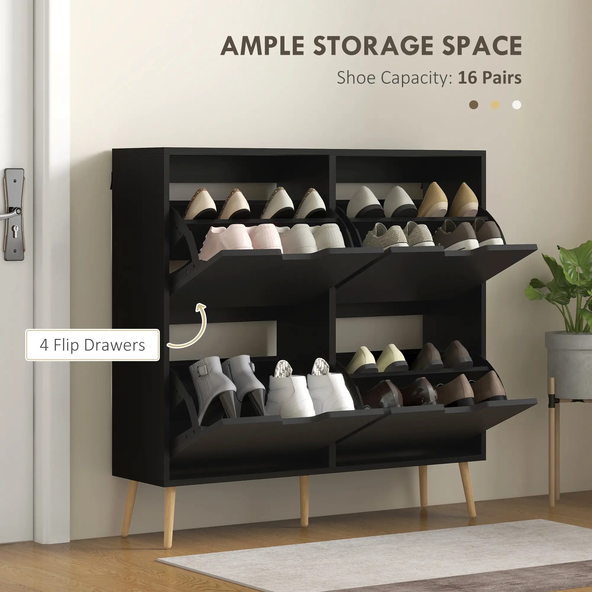 Shoe Storage Cabinet, 4 Flip Drawers, Adjustable Shelf, Holds 8-16 Pairs, Black - Image 4