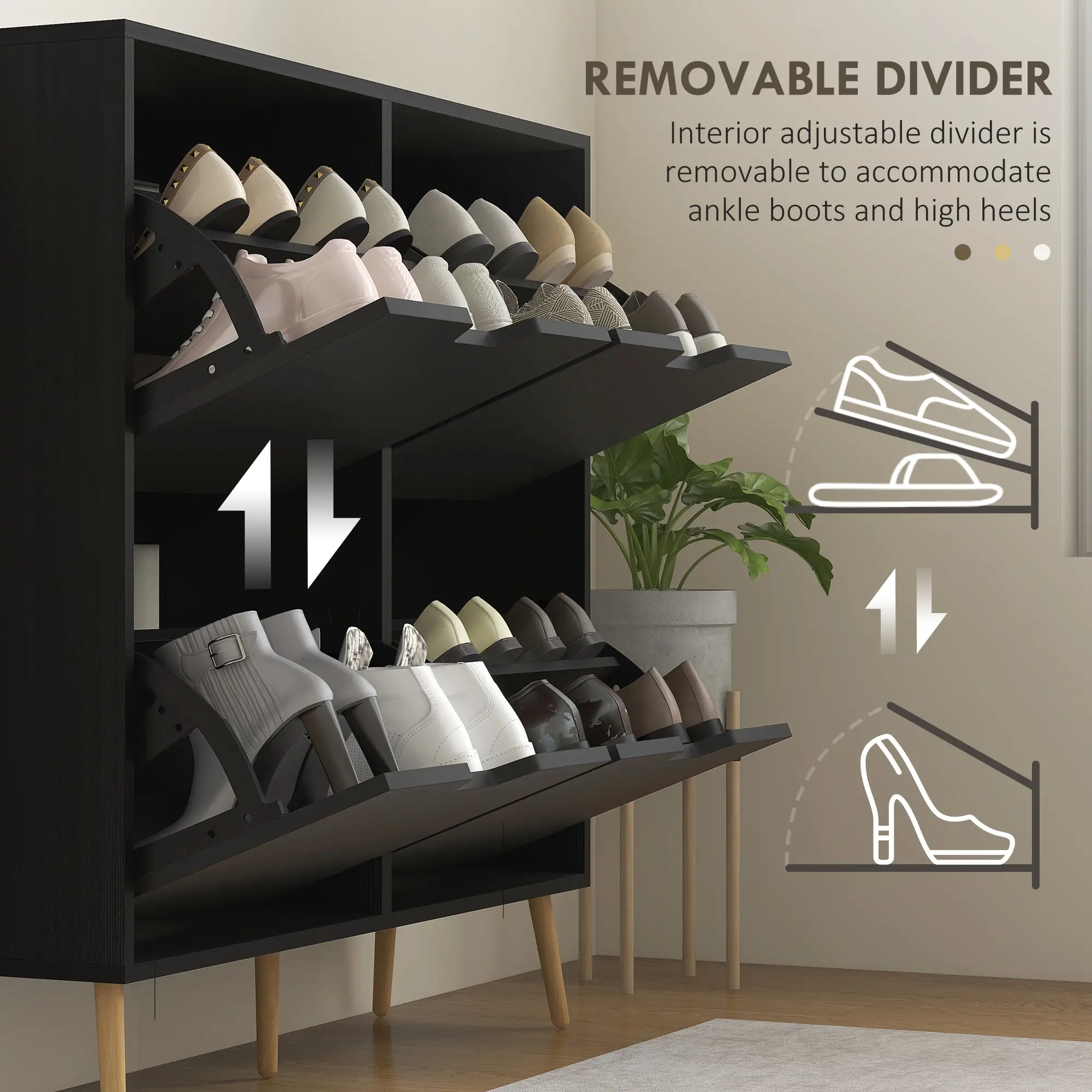 Shoe Storage Cabinet, 4 Flip Drawers, Adjustable Shelf, Holds 8-16 Pairs, Black - Image 6