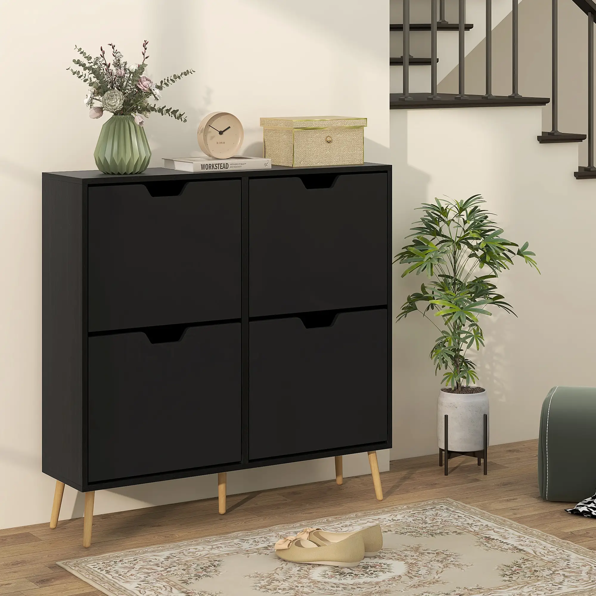 Shoe Storage Cabinet, 4 Flip Drawers, Adjustable Shelf, Holds 8-16 Pairs, Black - Image 9