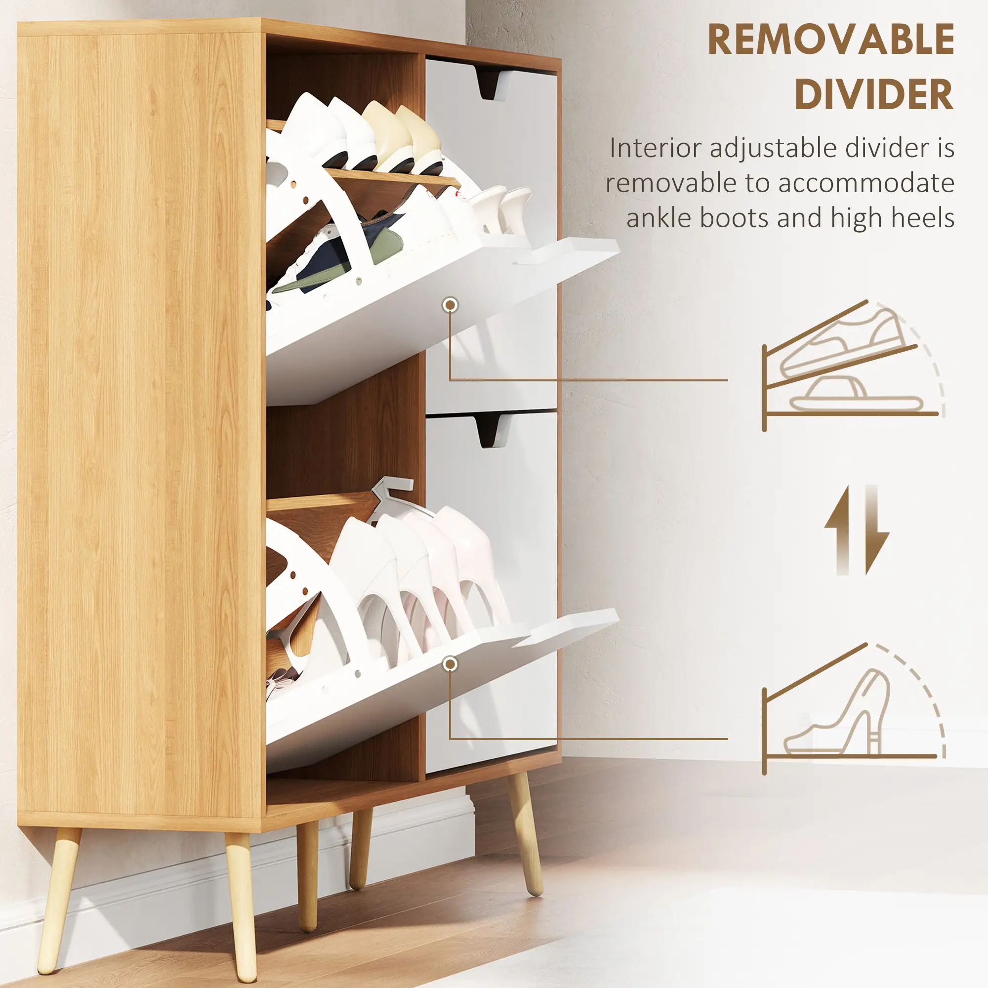 Shoe Storage Cabinet, 4 Flip Drawers, Adjustable Shelf, Holds 8-16 Pairs, Natural - Image 6