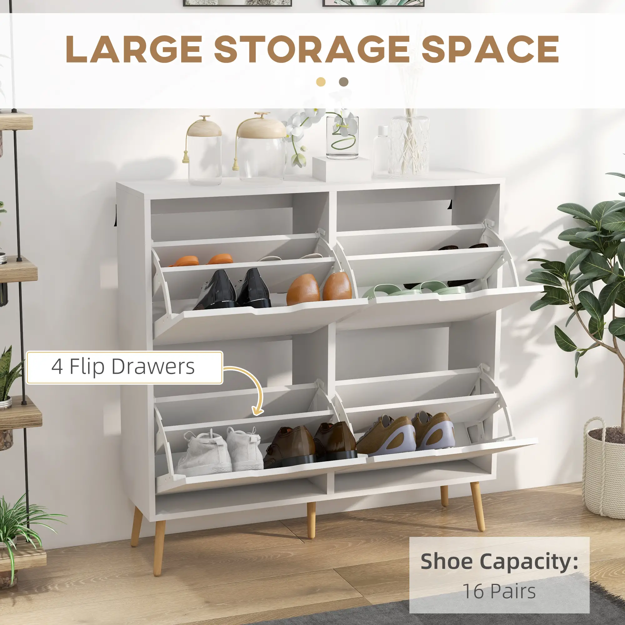 Shoe Storage Cabinet, 4 Flip Drawers, Adjustable Shelf, Holds 8-16 Pairs, White - Image 4