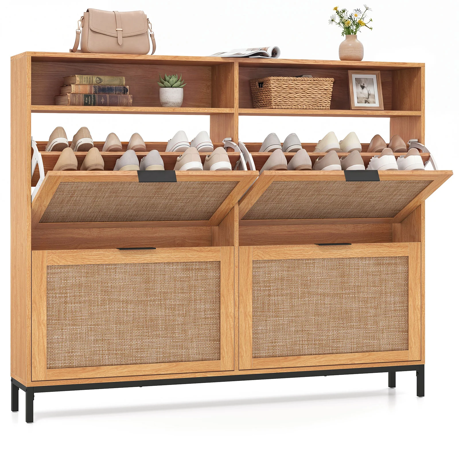 Shoe Storage Cabinet, 4 Flip Drawers, Adjustable Shelves, Natural