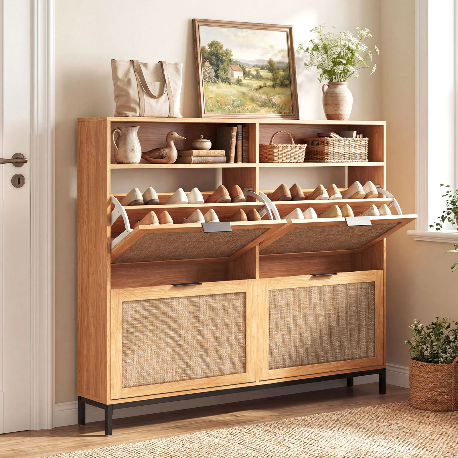 Shoe Storage Cabinet, 4 Flip Drawers, Adjustable Shelves, Natural - Image 2