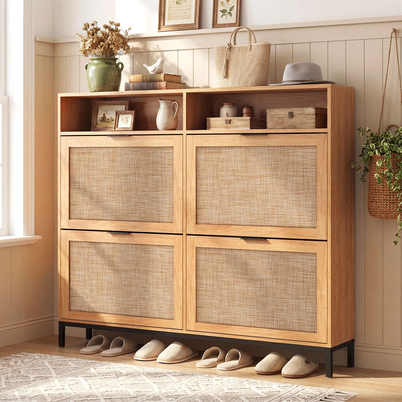 Shoe Storage Cabinet, 4 Flip Drawers, Adjustable Shelves, Natural - Image 3