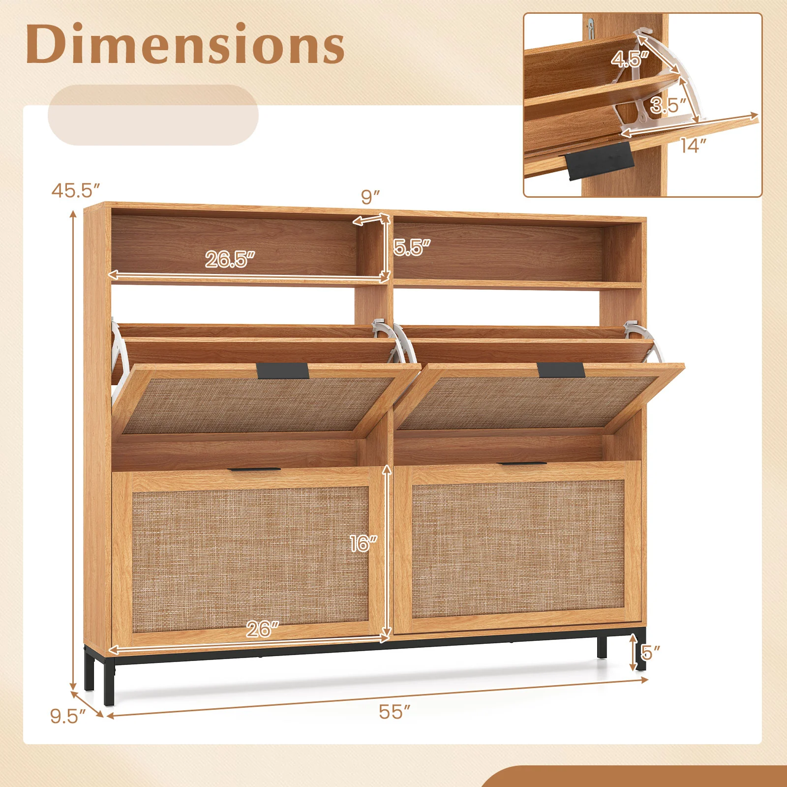 Shoe Storage Cabinet, 4 Flip Drawers, Adjustable Shelves, Natural - Image 5