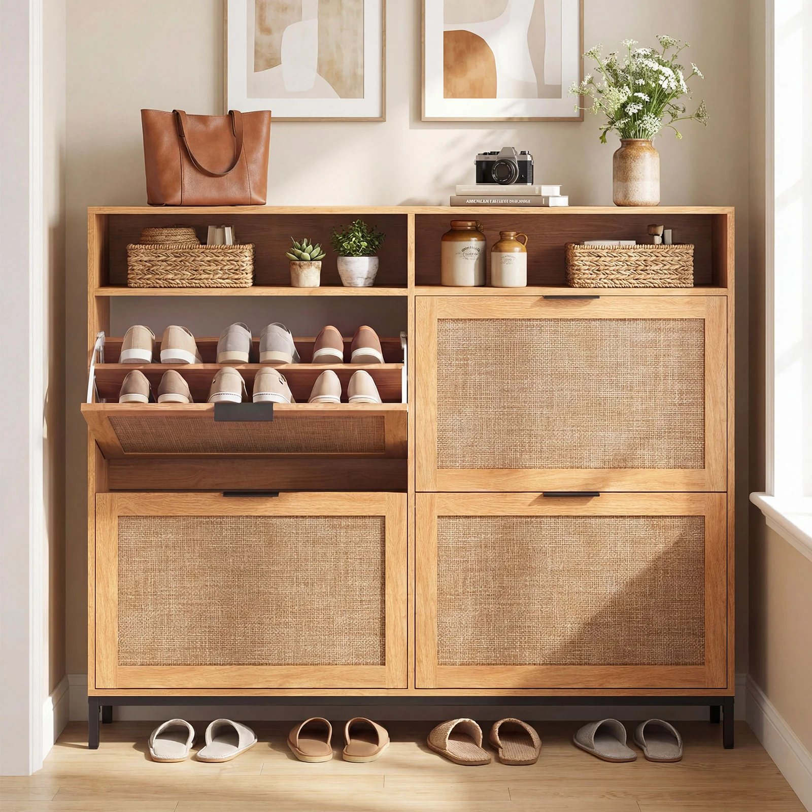 Shoe Storage Cabinet, 4 Flip Drawers, Adjustable Shelves, Natural - Image 6