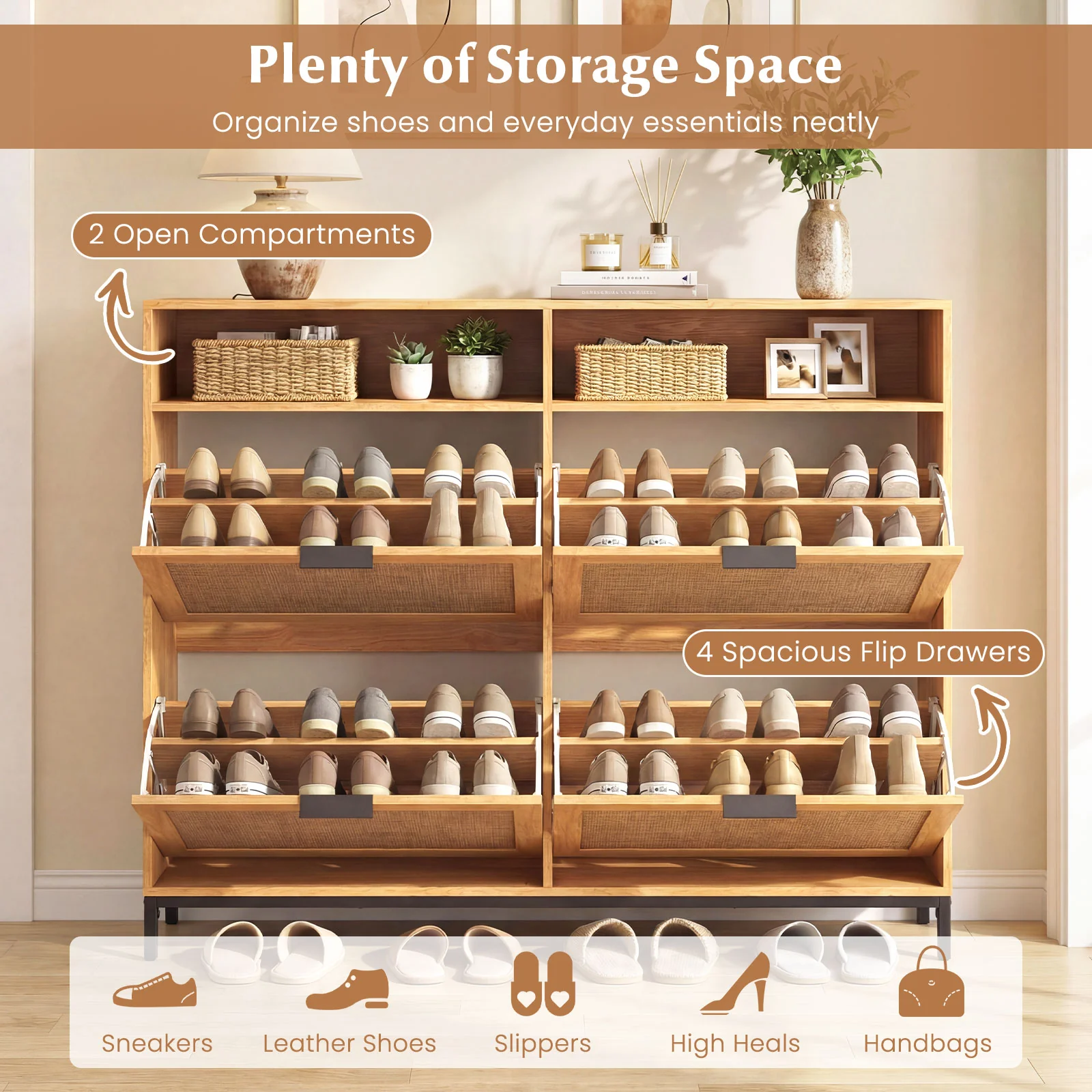 Shoe Storage Cabinet, 4 Flip Drawers, Adjustable Shelves, Natural - Image 7