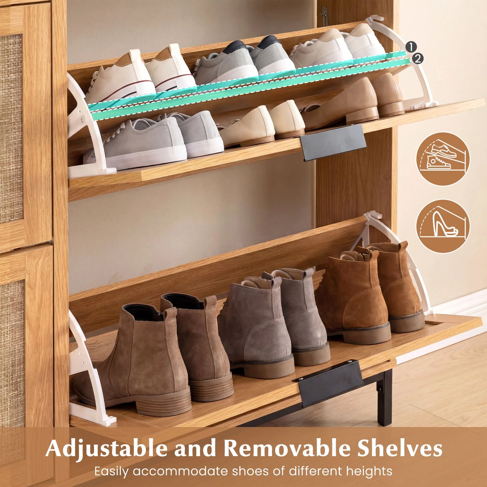 Shoe Storage Cabinet, 4 Flip Drawers, Adjustable Shelves, Natural - Image 8