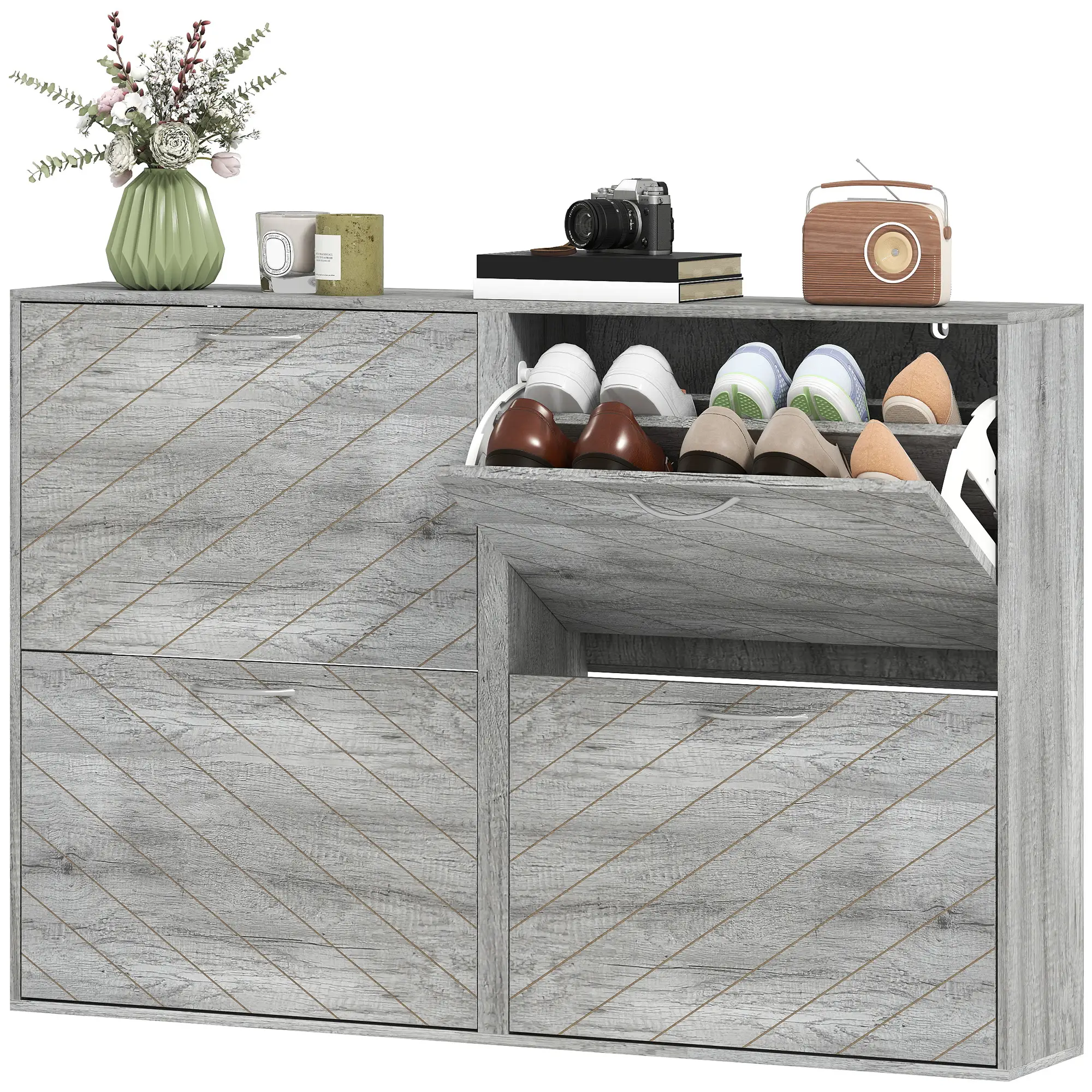 Shoe Storage Cabinet, 4 Flip Drawers, Narrow Slim, 12 Pair Organizer, Grey