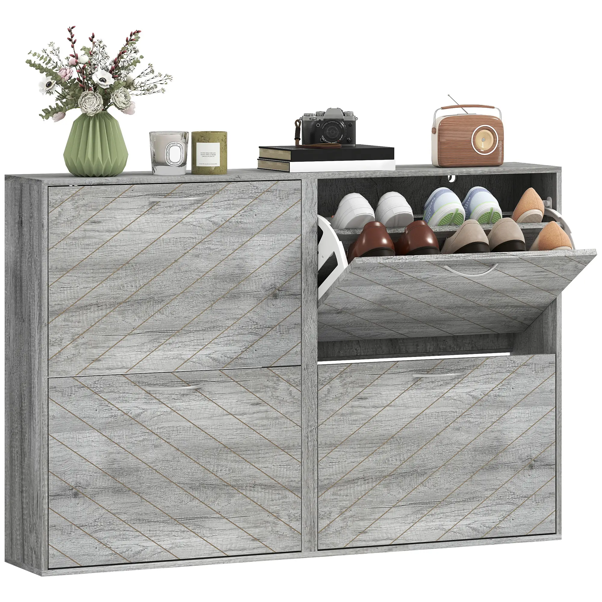 Shoe Storage Cabinet, 4 Flip Drawers, Narrow Slim, 12 Pair Organizer, Grey - Image 11