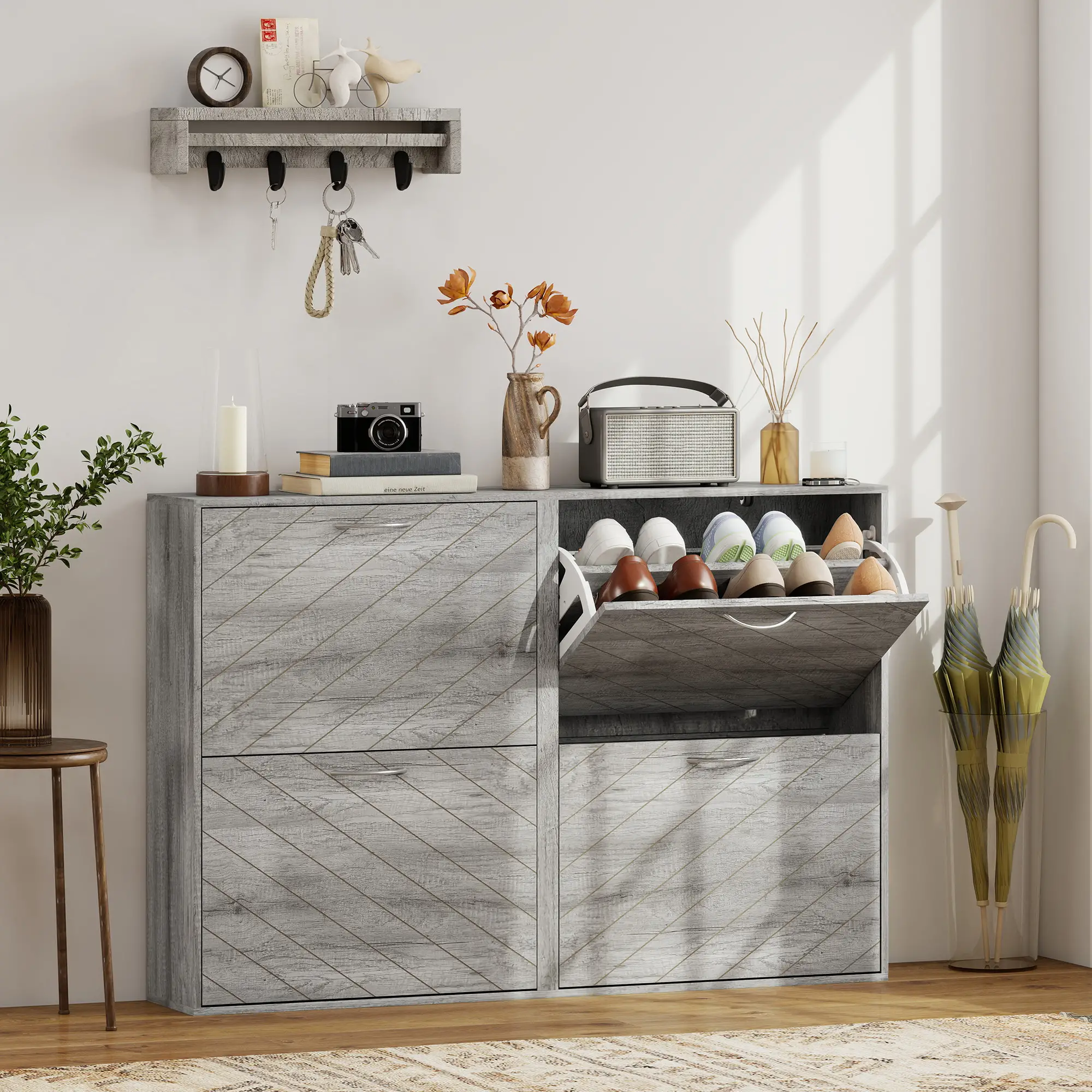 Shoe Storage Cabinet, 4 Flip Drawers, Narrow Slim, 12 Pair Organizer, Grey - Image 2