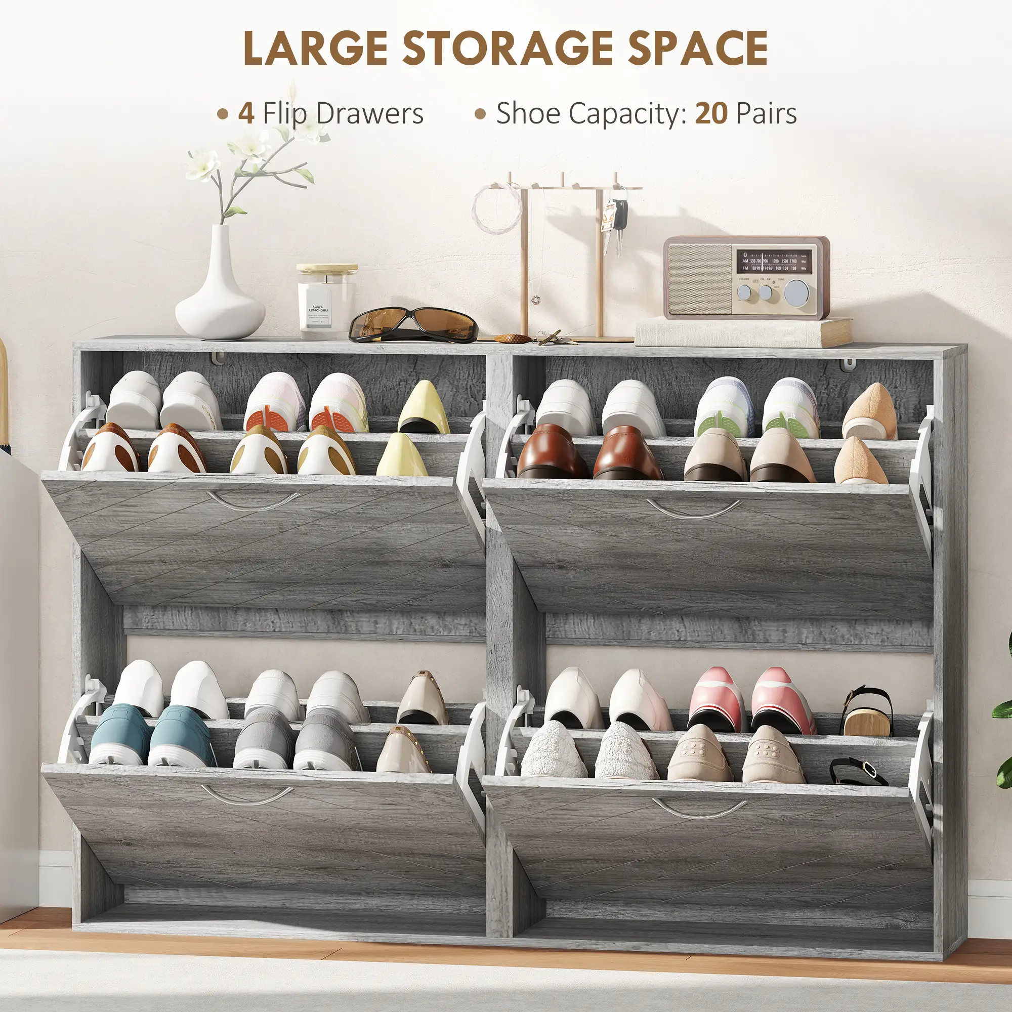 Shoe Storage Cabinet, 4 Flip Drawers, Narrow Slim, 12 Pair Organizer, Grey - Image 4