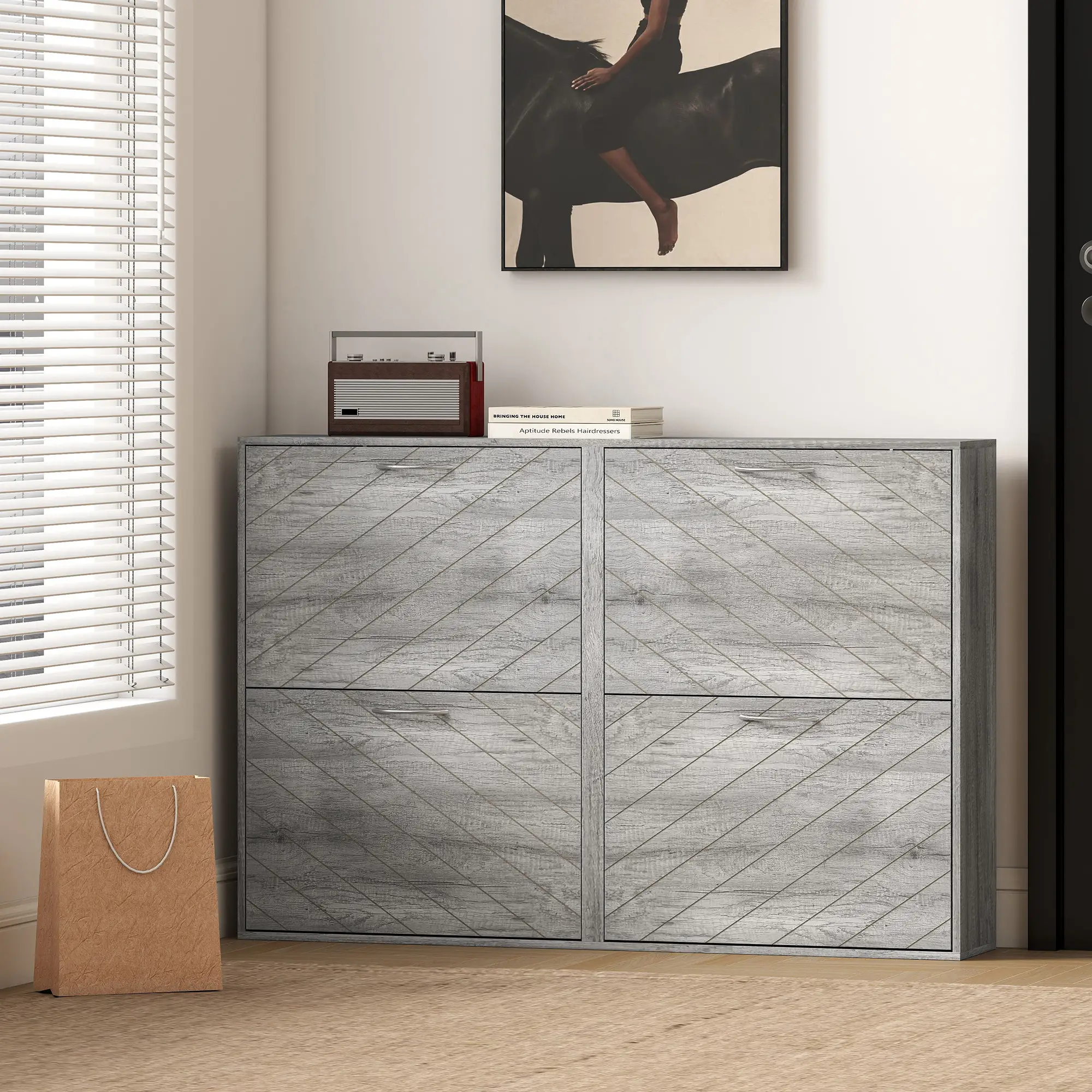 Shoe Storage Cabinet, 4 Flip Drawers, Narrow Slim, 12 Pair Organizer, Grey - Image 9