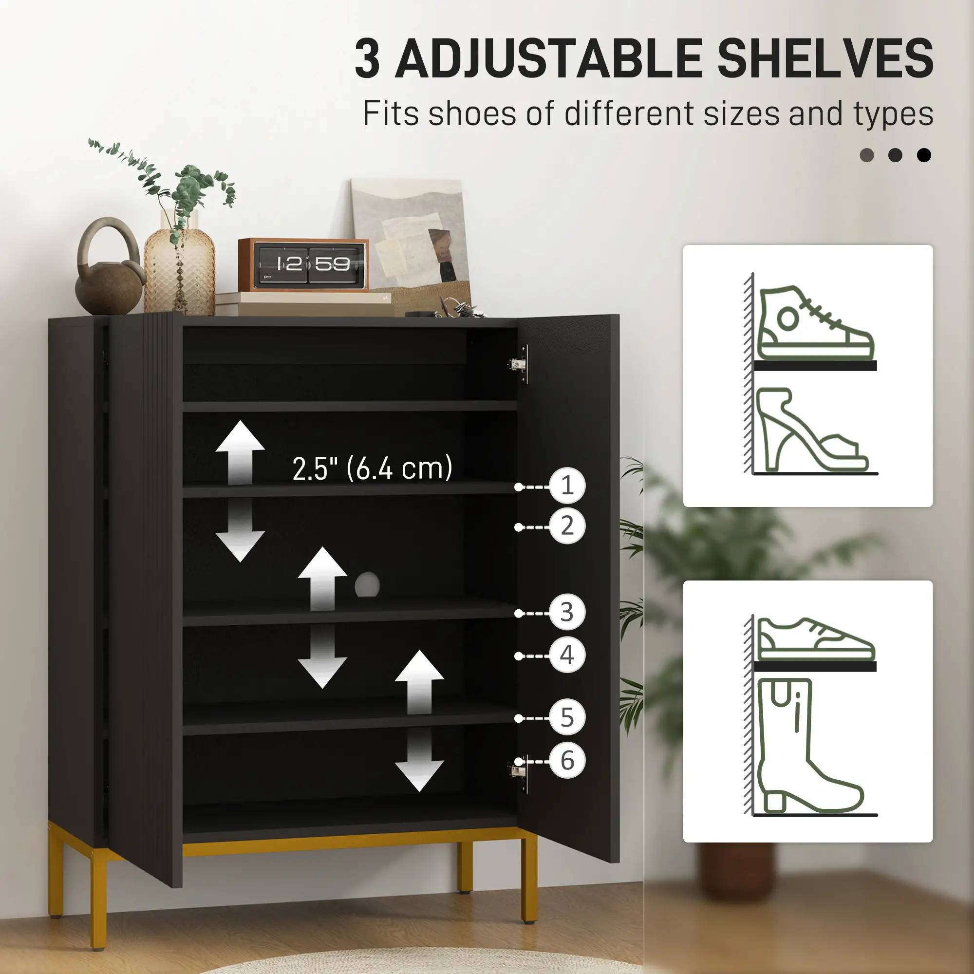 Shoe Storage Cabinet, Adjustable Shelves, Soft-Close Hinges, 15-20 Pairs, Black - Image 4