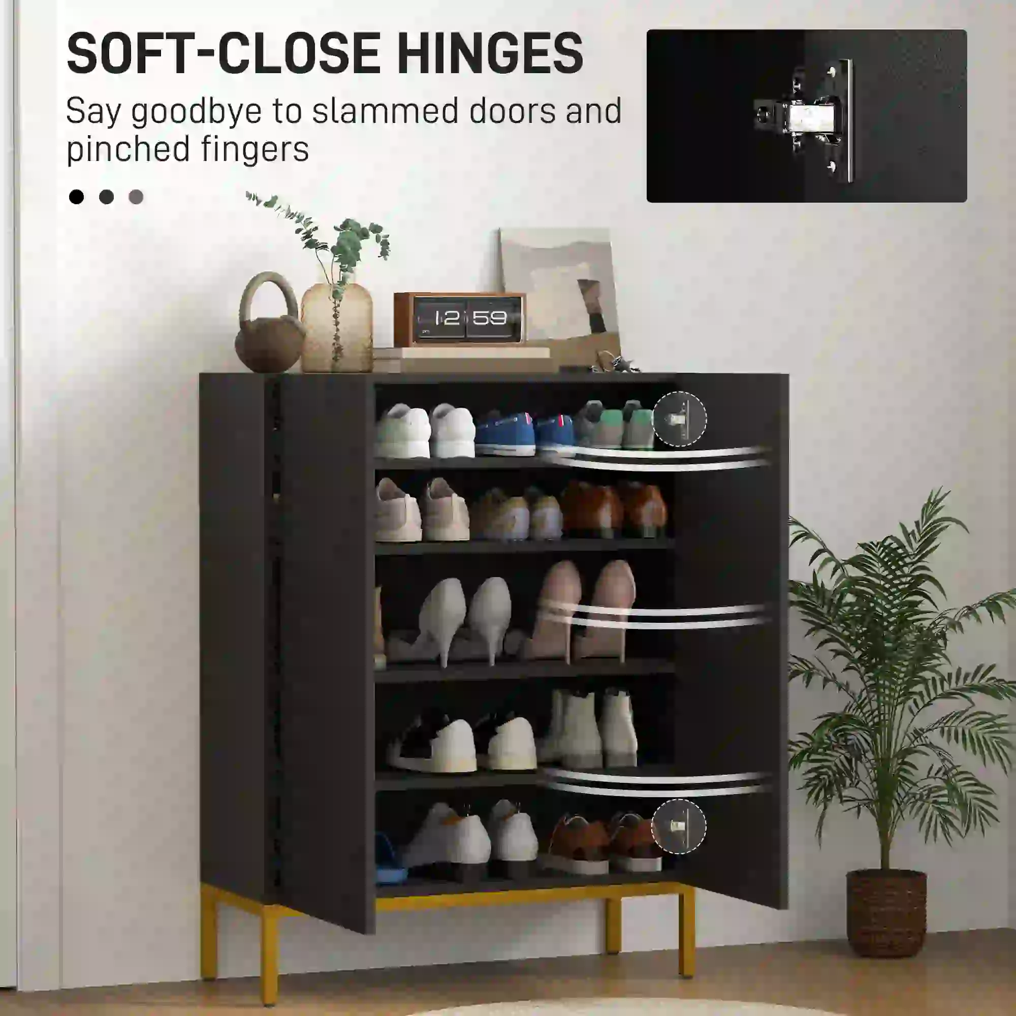 Shoe Storage Cabinet, Adjustable Shelves, Soft-Close Hinges, 15-20 Pairs, Black - Image 5