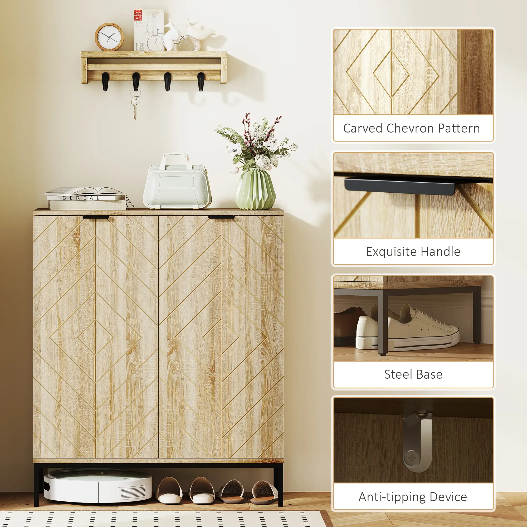 Shoe Storage Cabinet for 15 Pairs, Adjustable Shelves, Oak - Image 6