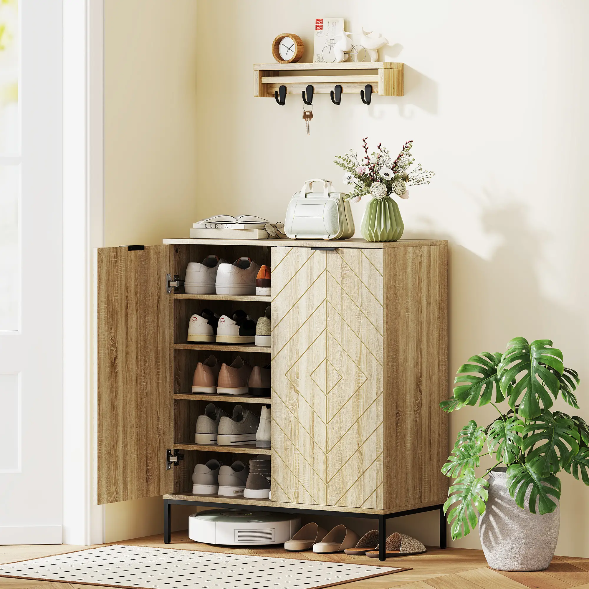 Shoe Storage Cabinet for 15 Pairs, Adjustable Shelves, Oak - Image 7